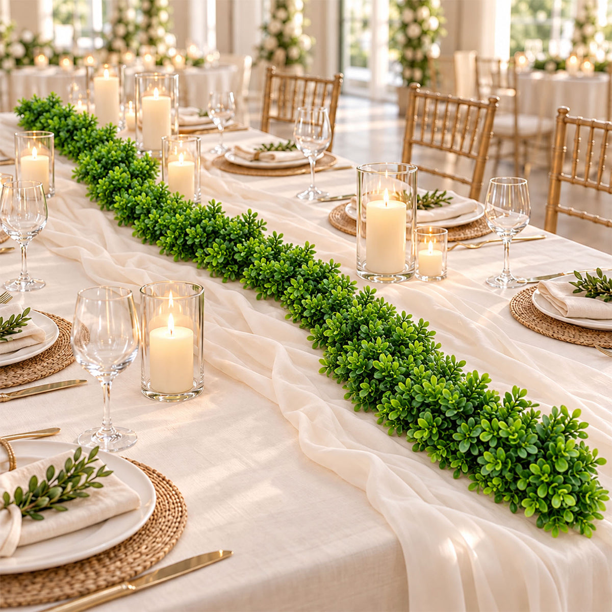 6ft Artificial Boxwood Garland – Faux Greenery Vine for Wedding Arch & Table Décor