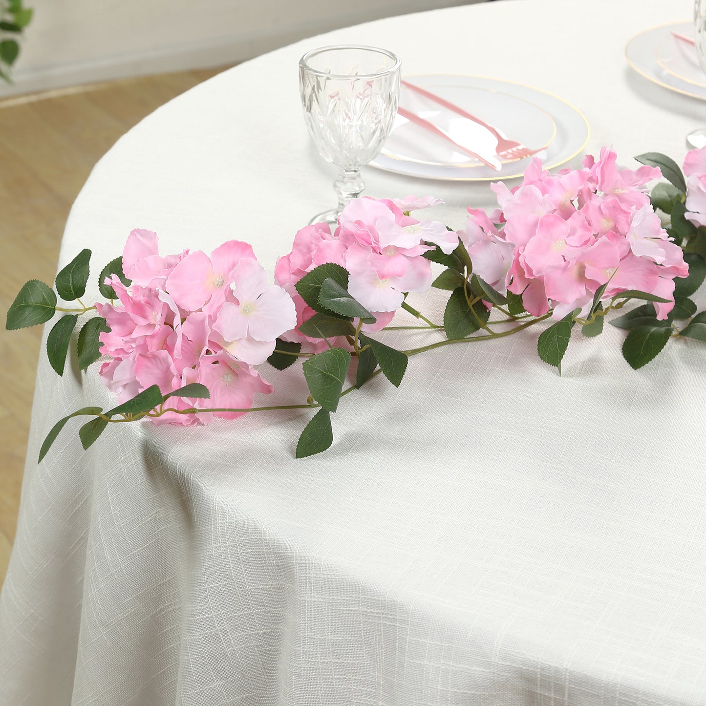 2-Pack Pink Artificial Hydrangea Garland 5.5ft – Artificial Silk Floral Vine with Green Leaves