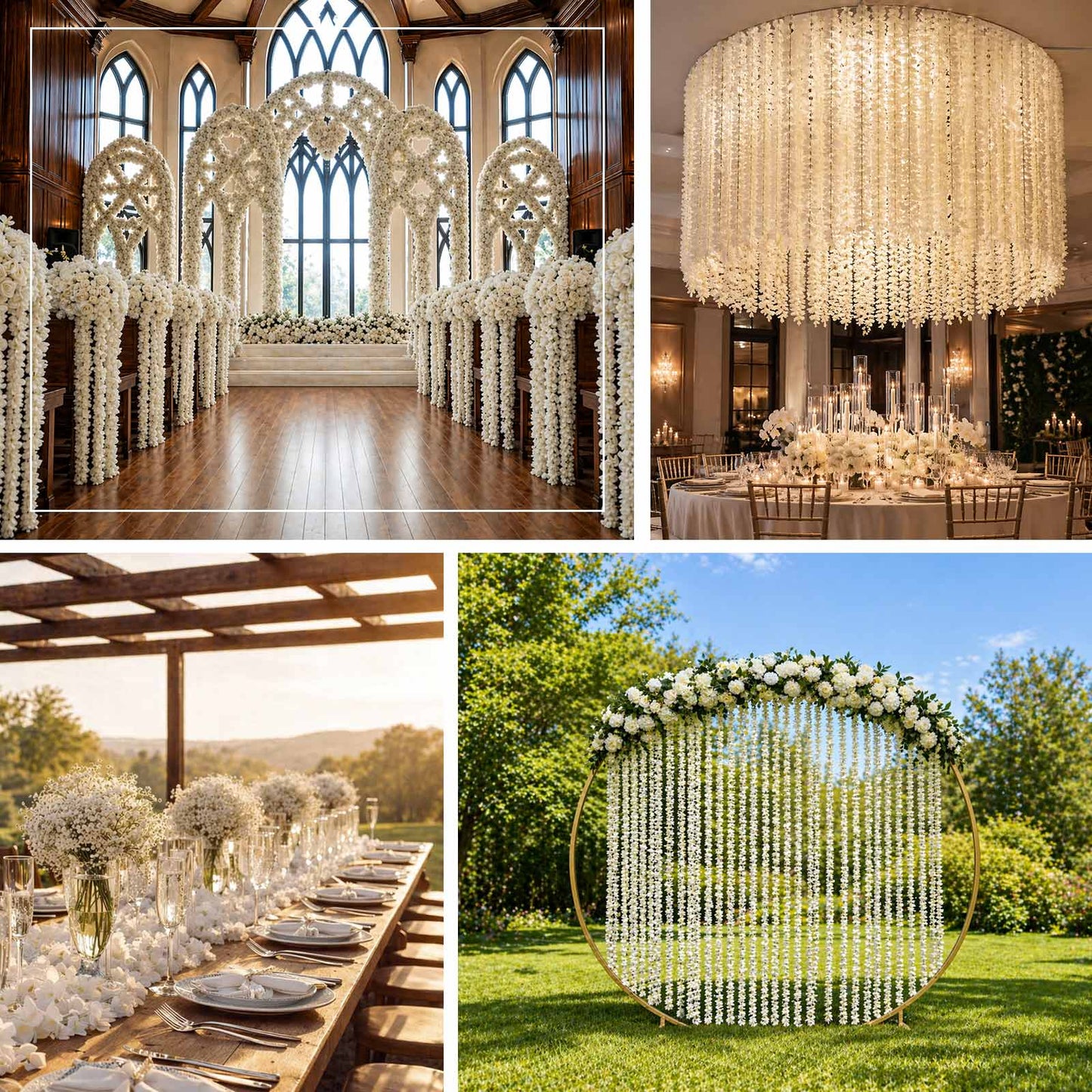 White artificial wisteria vines garlands for wedding and garden decor.