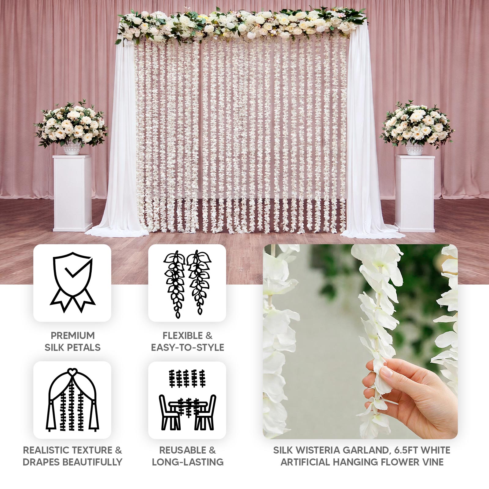 White artificial wisteria garlands for wedding decor, 6.5ft long.