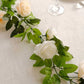 Cream ivory artificial silk rose garland with green leaves, 7ft long.