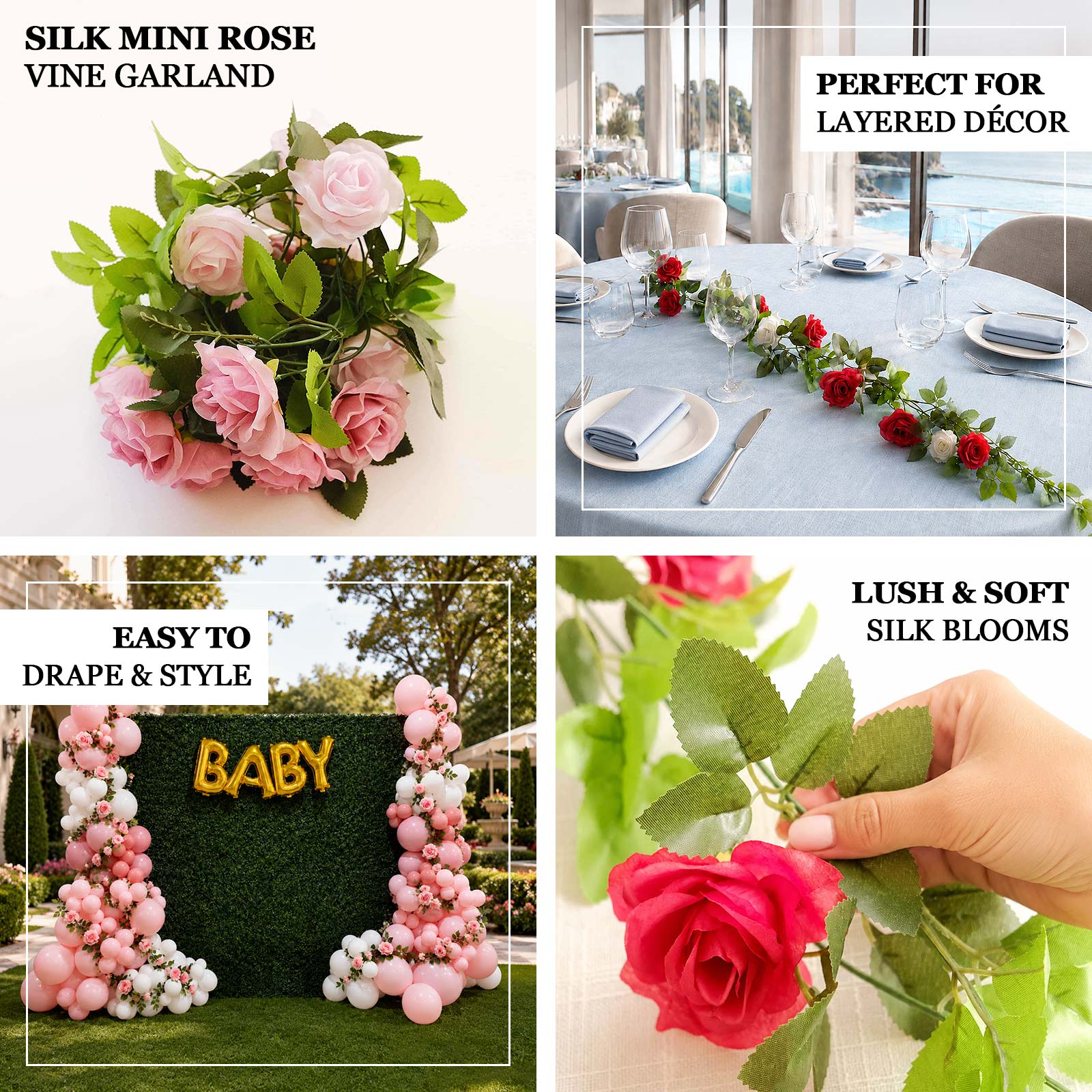 Mini silk rose garland vine featuring soft floral accents and flexible stems for draping, layering, 