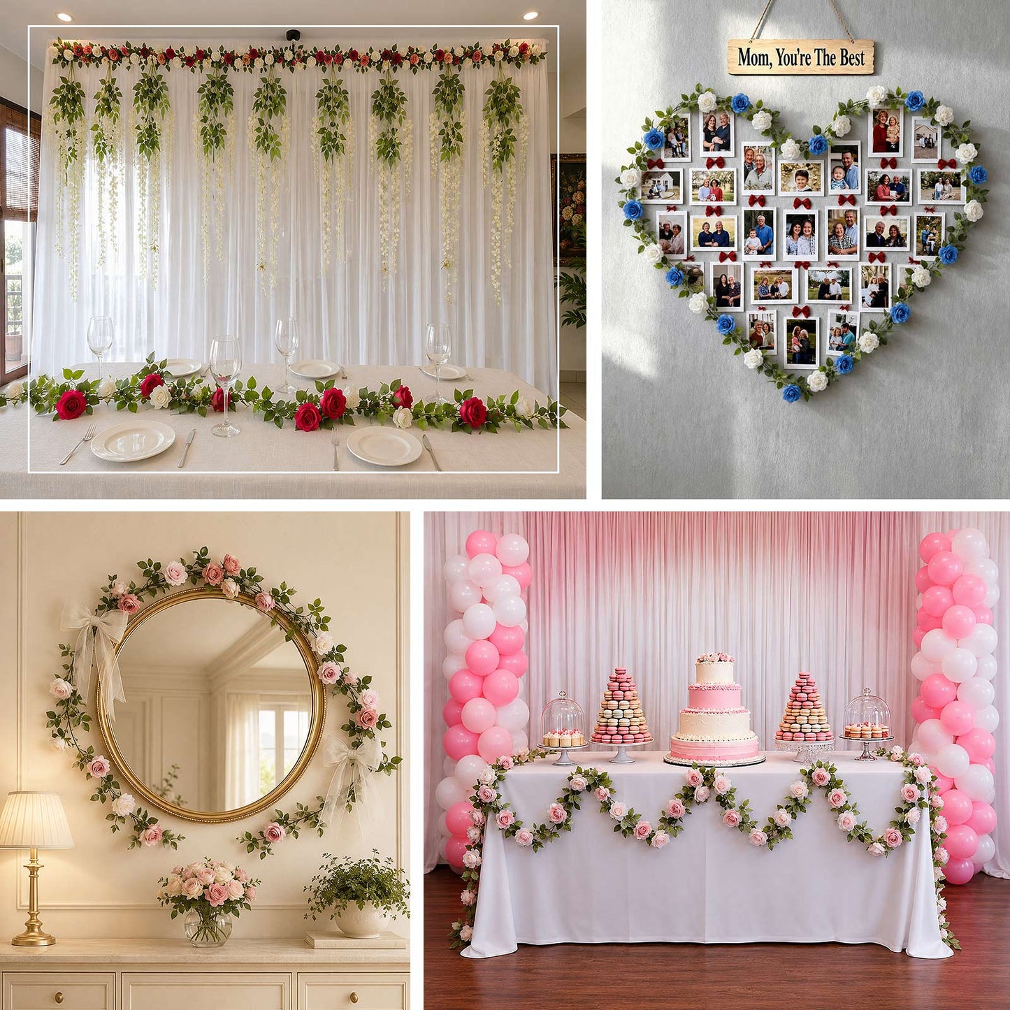 Faux rose vine garland used for layered floral styling on tablescapes and event displays with soft, 
