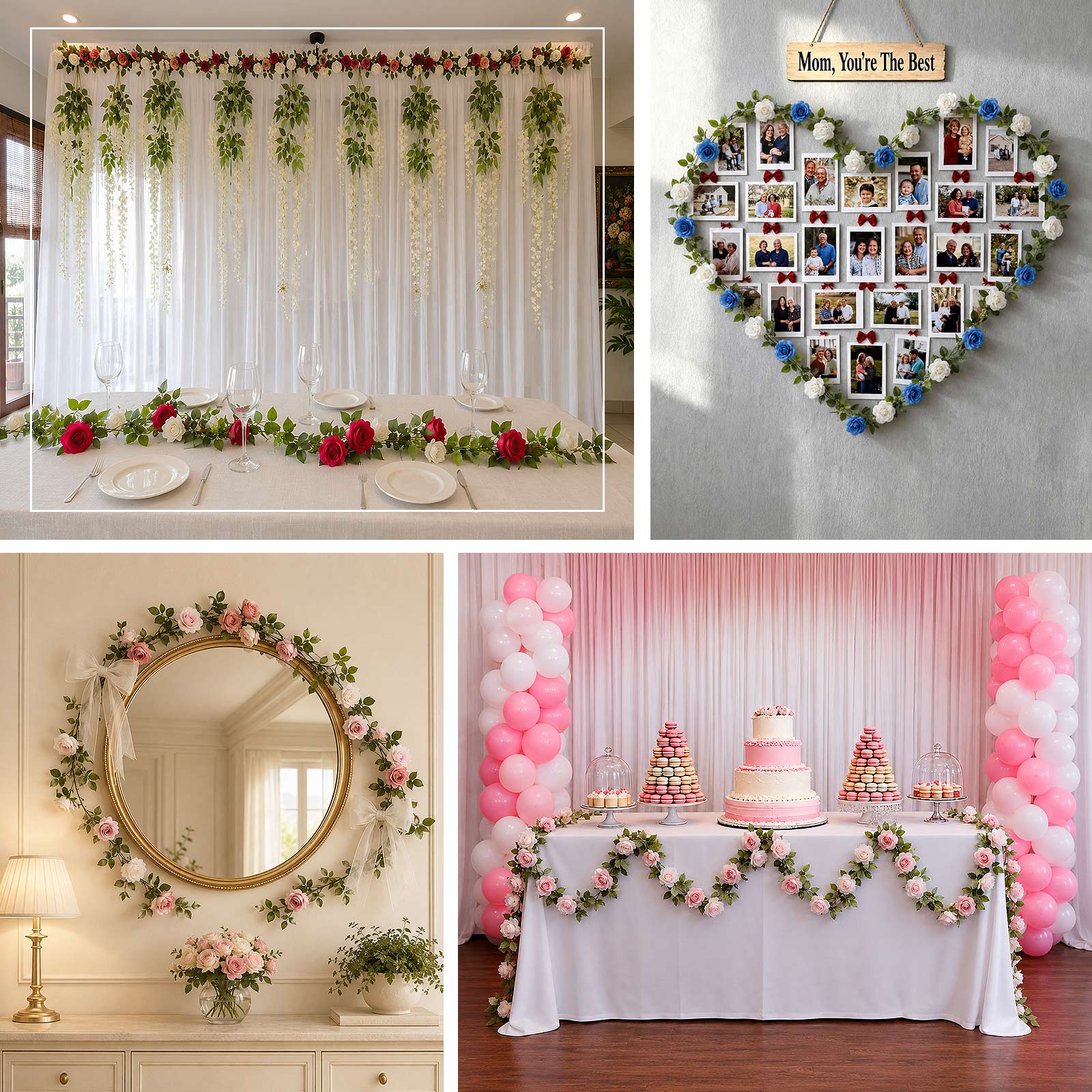 Faux rose vine garland used for layered floral styling on tablescapes and event displays with soft, 