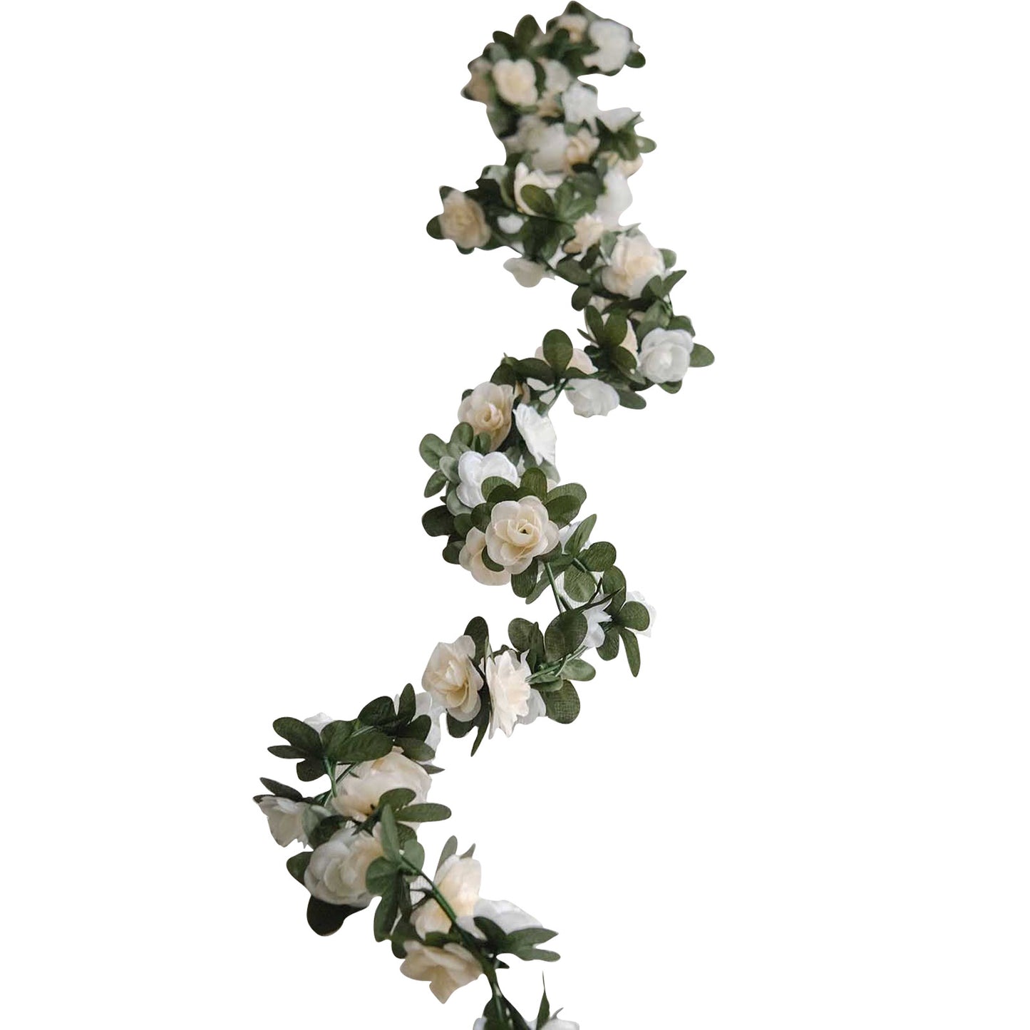 Cream ivory artificial silk flower garland with mini roses and green vines.