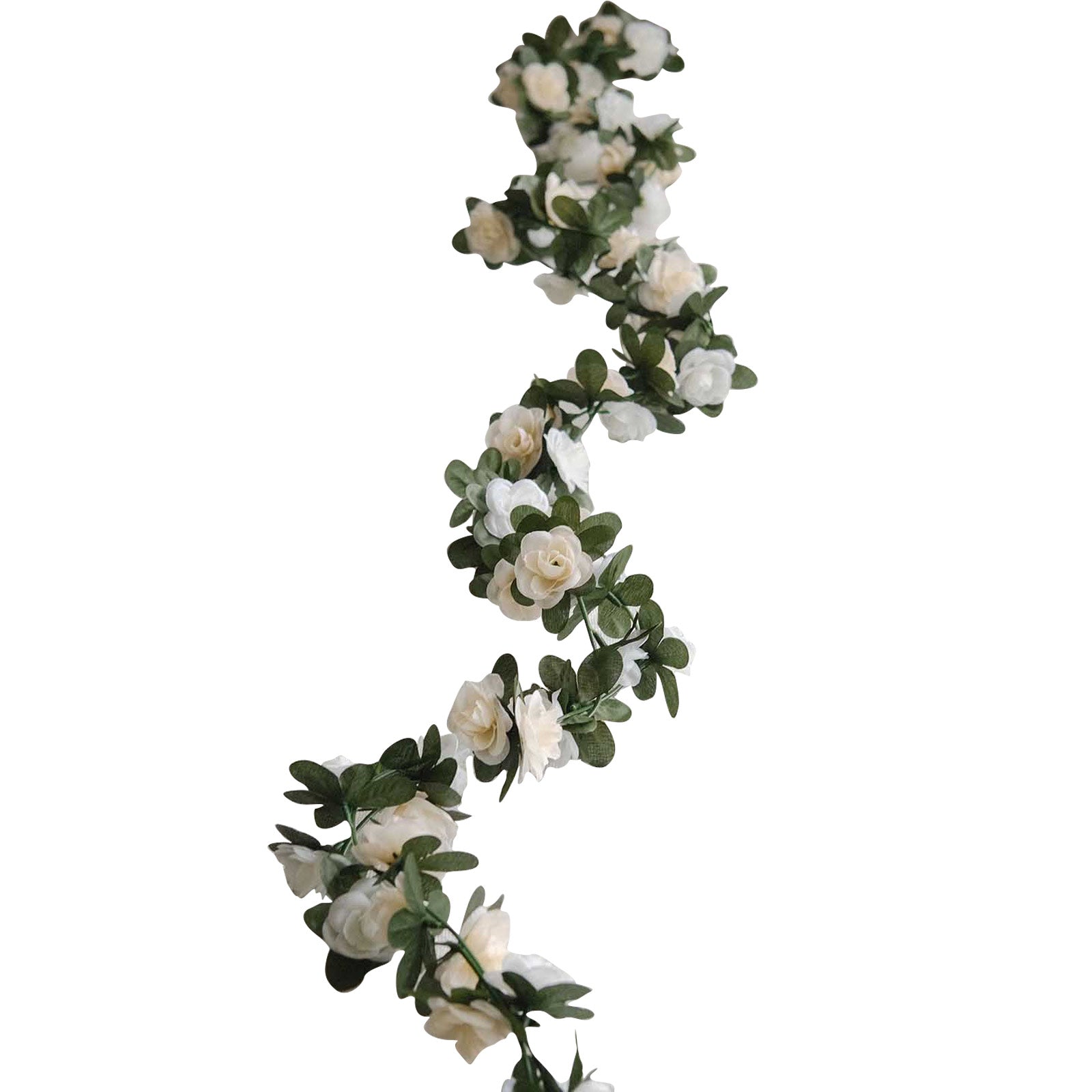 Cream ivory artificial silk flower garland with mini roses and green vines.