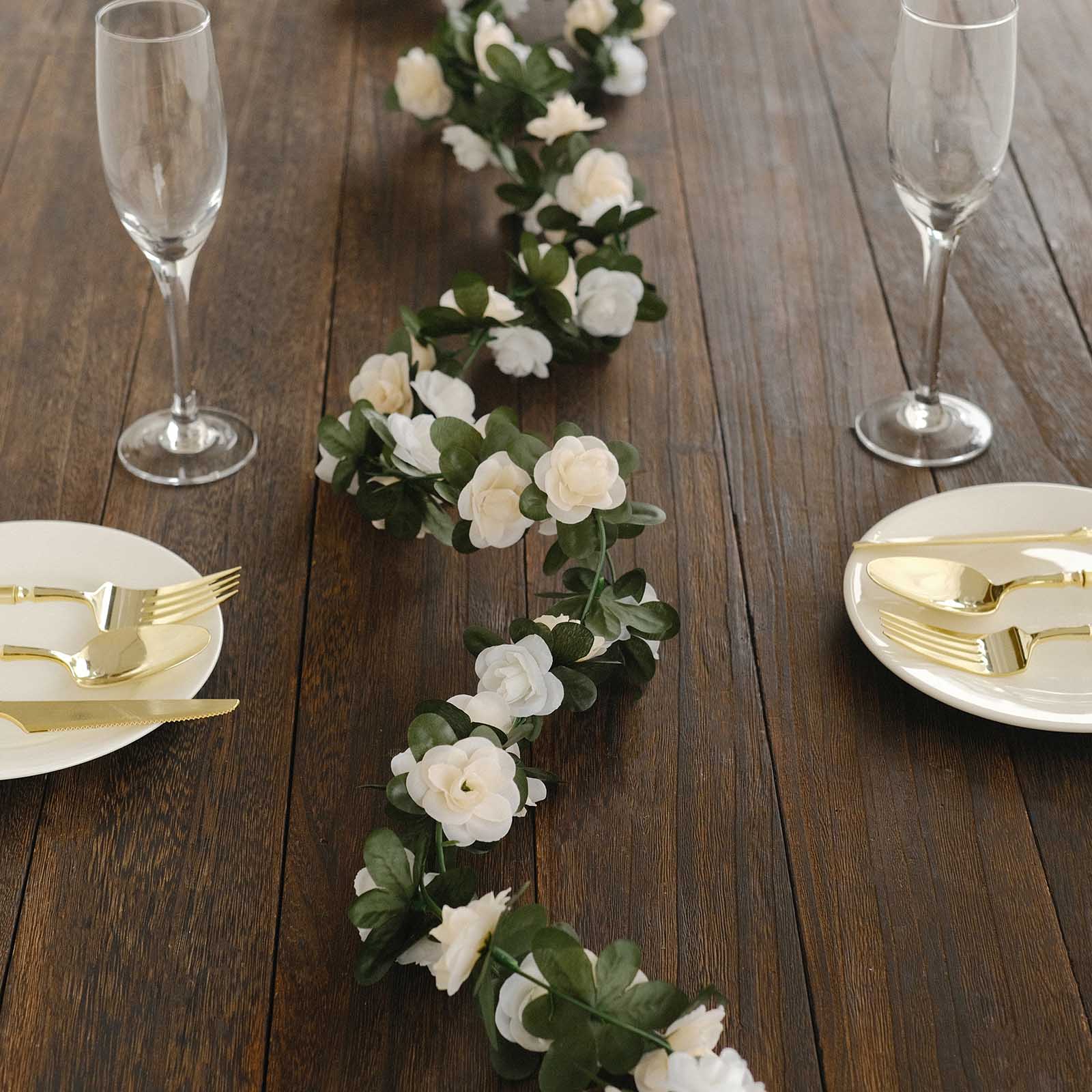 Cream ivory artificial silk flower garland with mini rose vines.