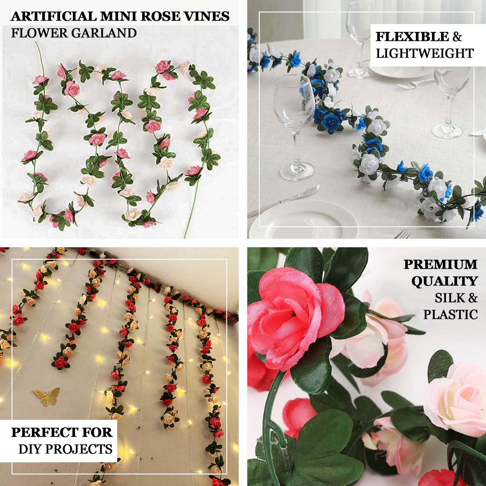 8ft blush pink artificial silk flower garland with mini rose vines and flower heads.