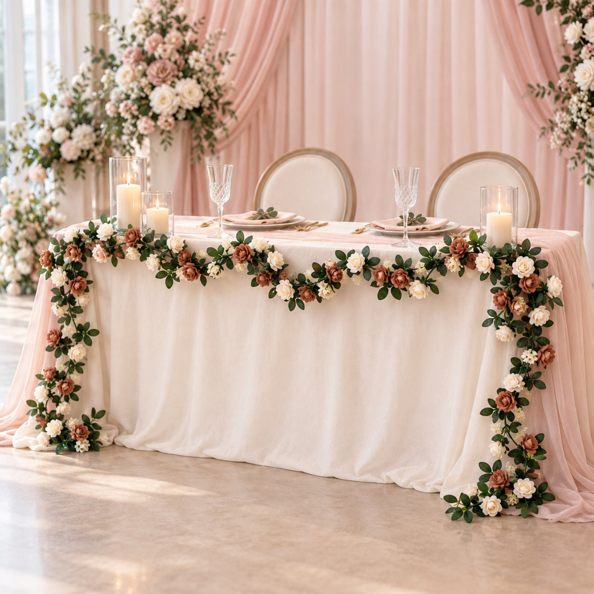 2 Pack 8ft Artificial Silk Flower Garland Mini Rose Vines with 45 Flower Heads - Natural & Ivory