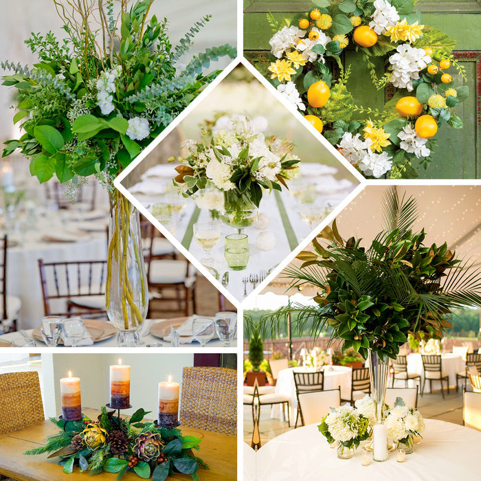 Green artificial lemon leaf branches for home decor.