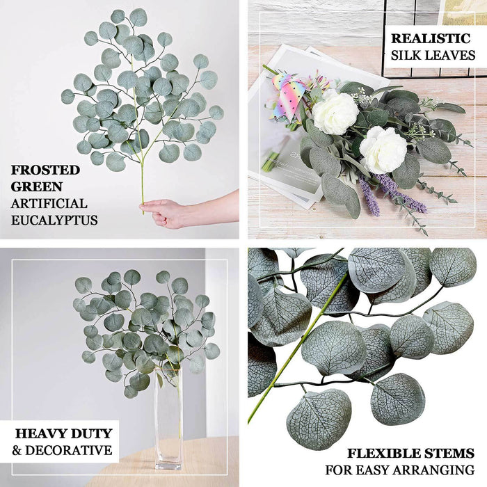Frosted green artificial silk eucalyptus leaf stems in a floral arrangement.
