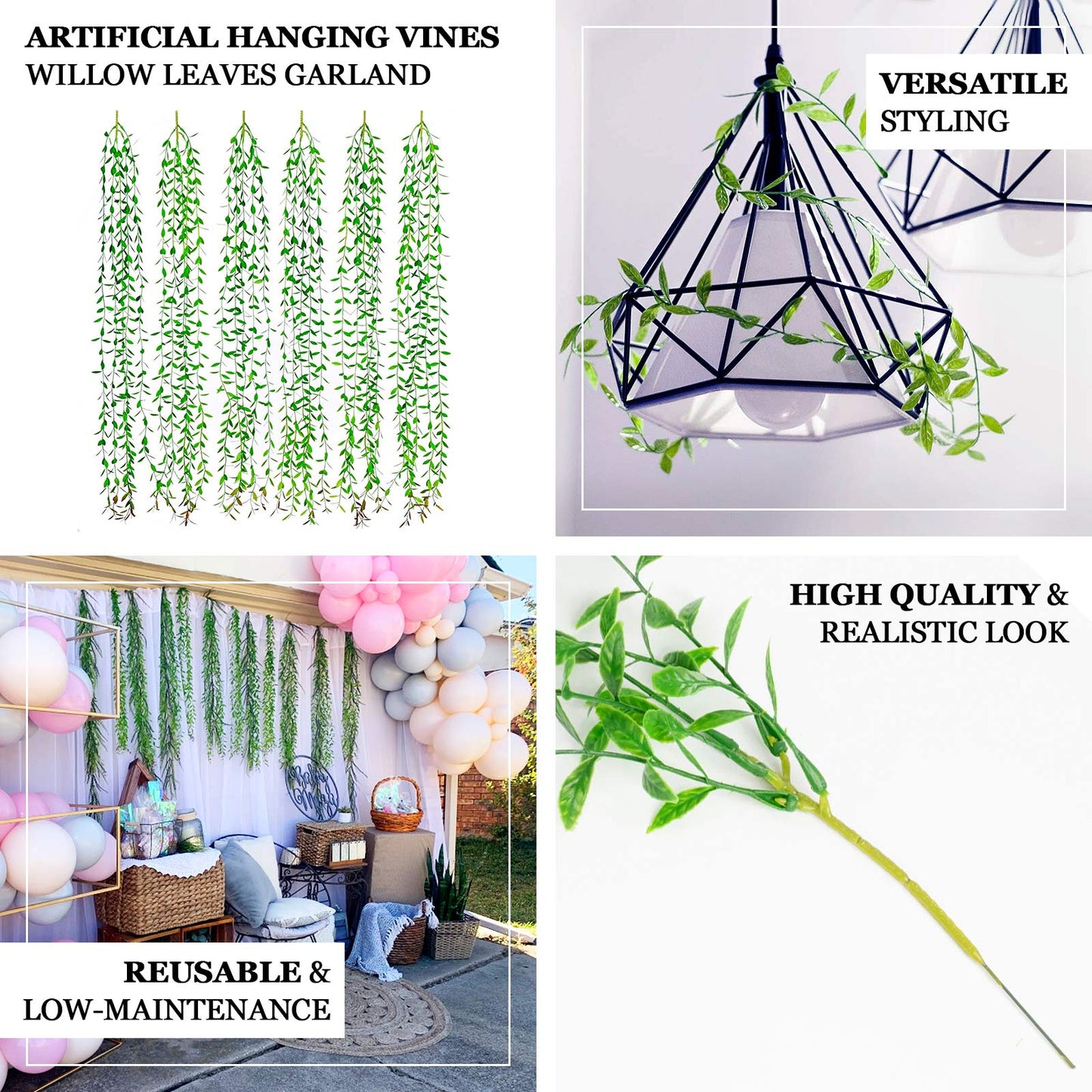 Artificial green weeping willow leaves garland for backdrop decor.