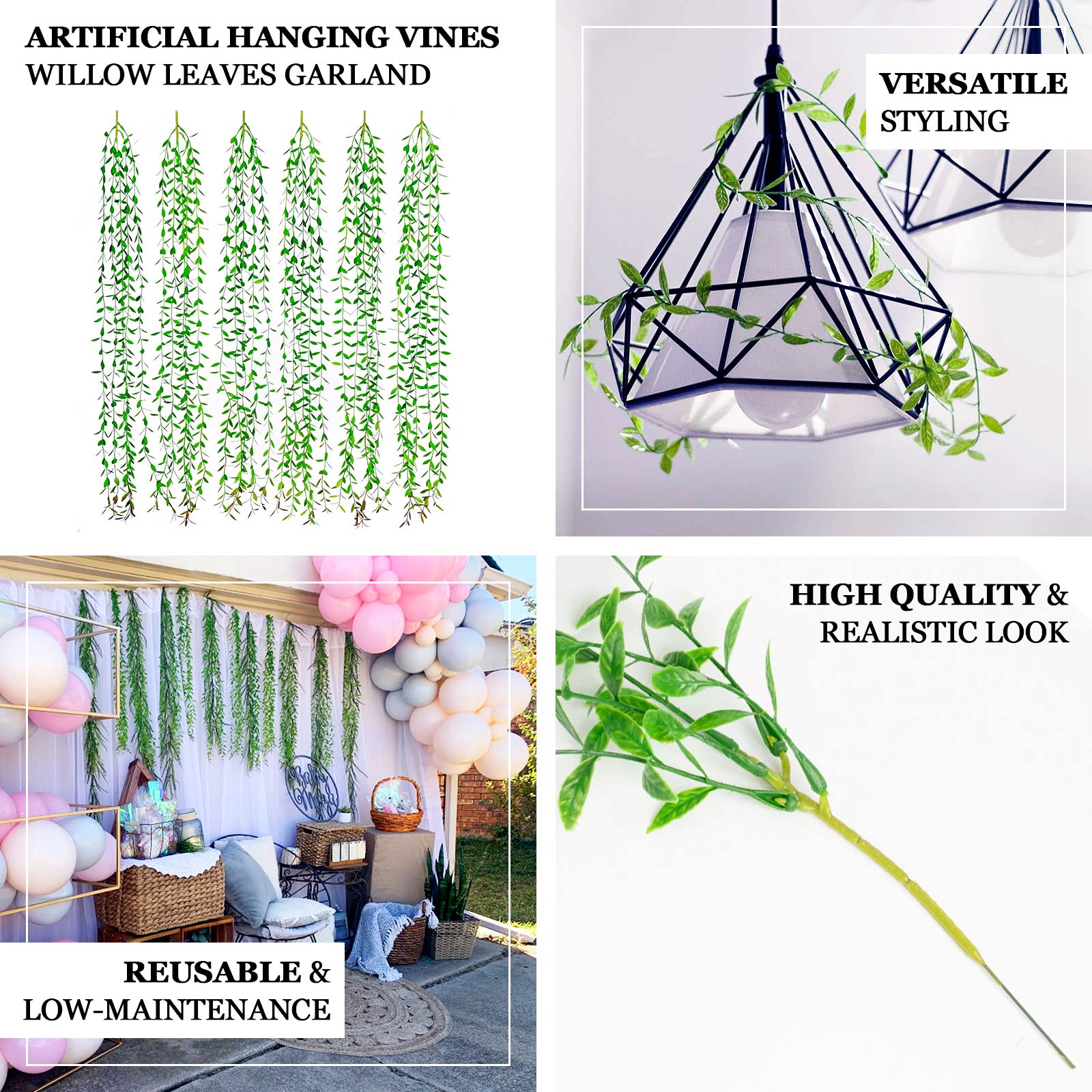 Artificial green weeping willow leaves garland for backdrop decor.