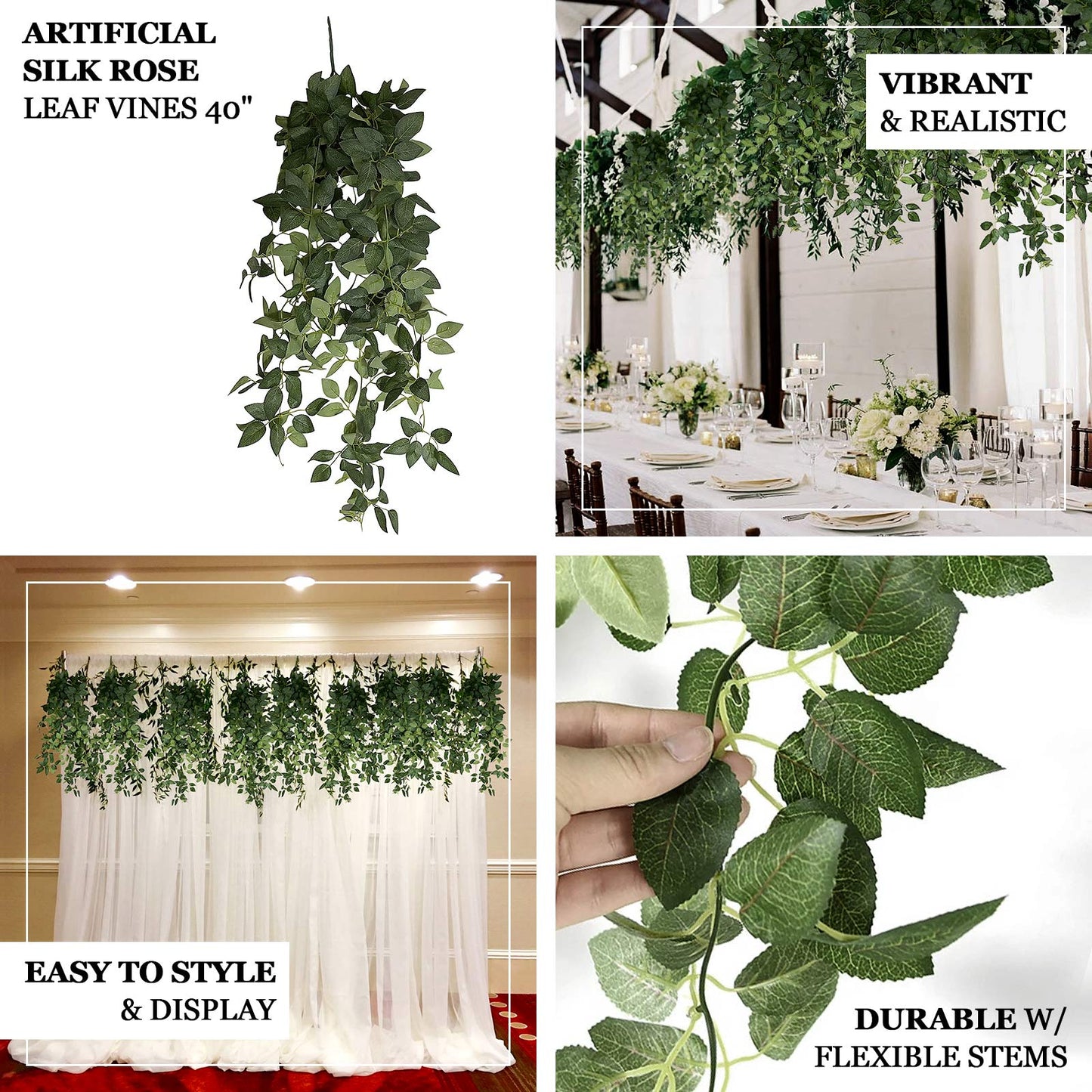 Realistic green silk rose leaf hanging plants for home and event decor.