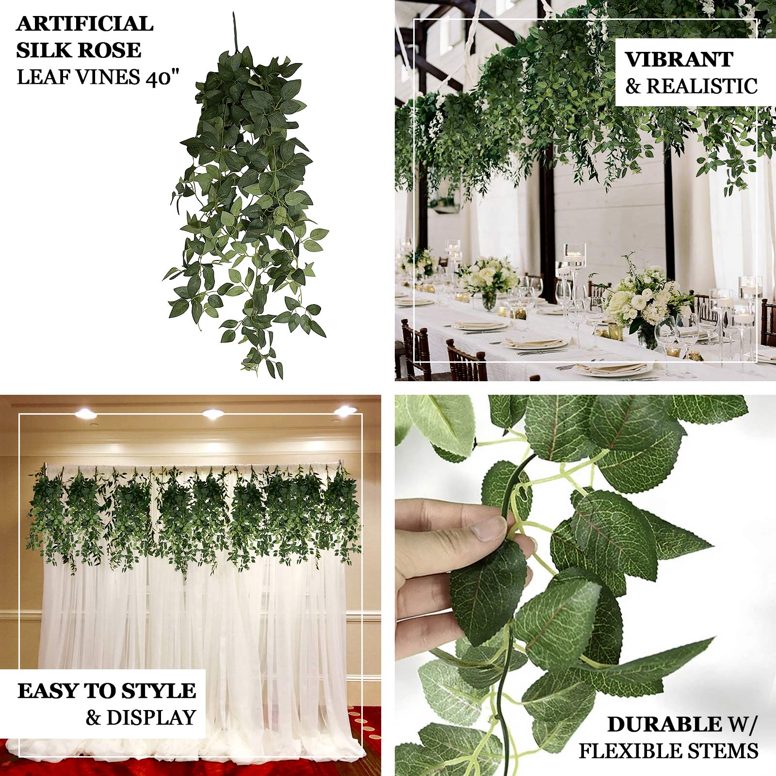 Realistic green silk rose leaf hanging plants for home and event decor.