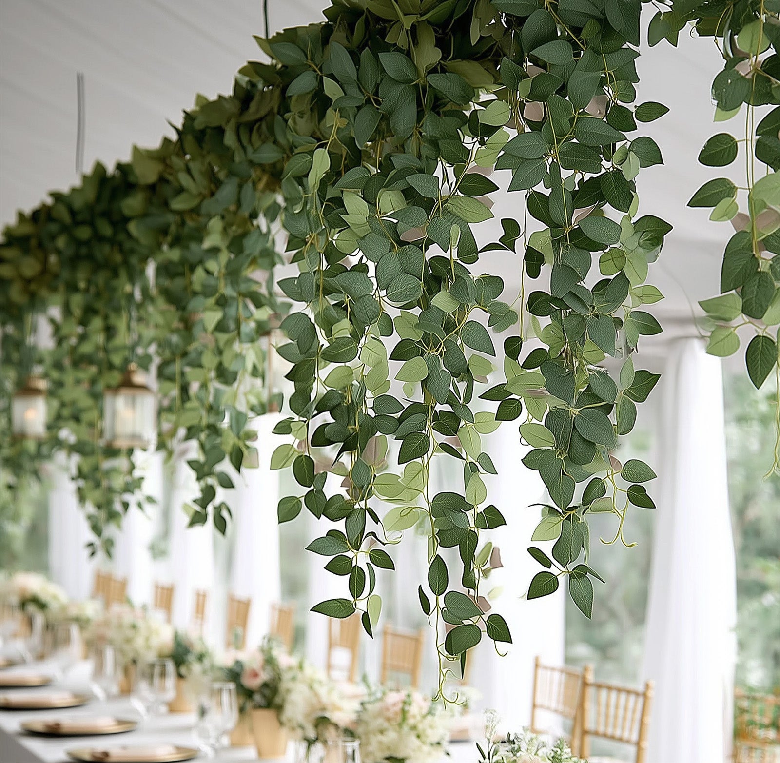 Green silk rose leaf hanging plants for home and event decor.