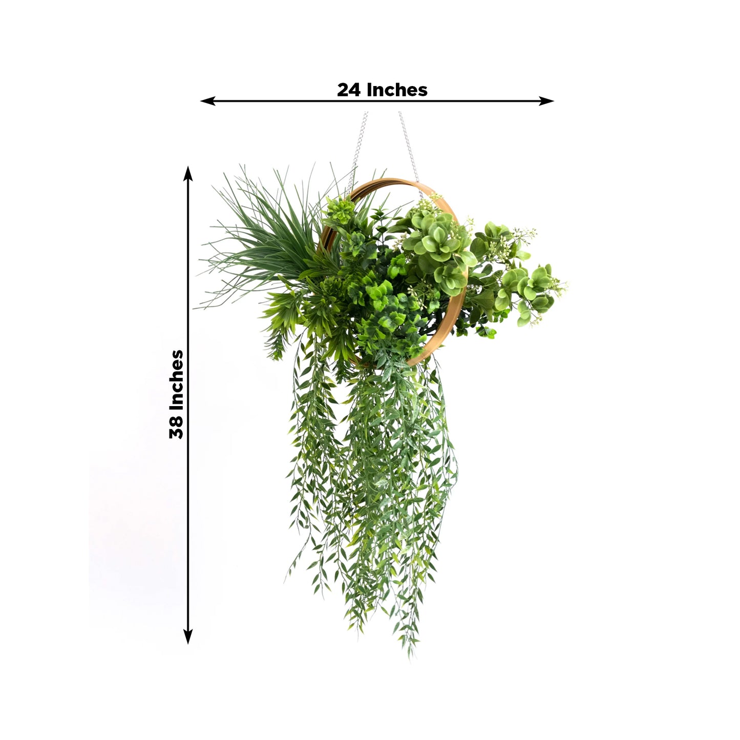 Faux greenery with gold hoop hanging decor, perfect for tablescapes, 38" long.
