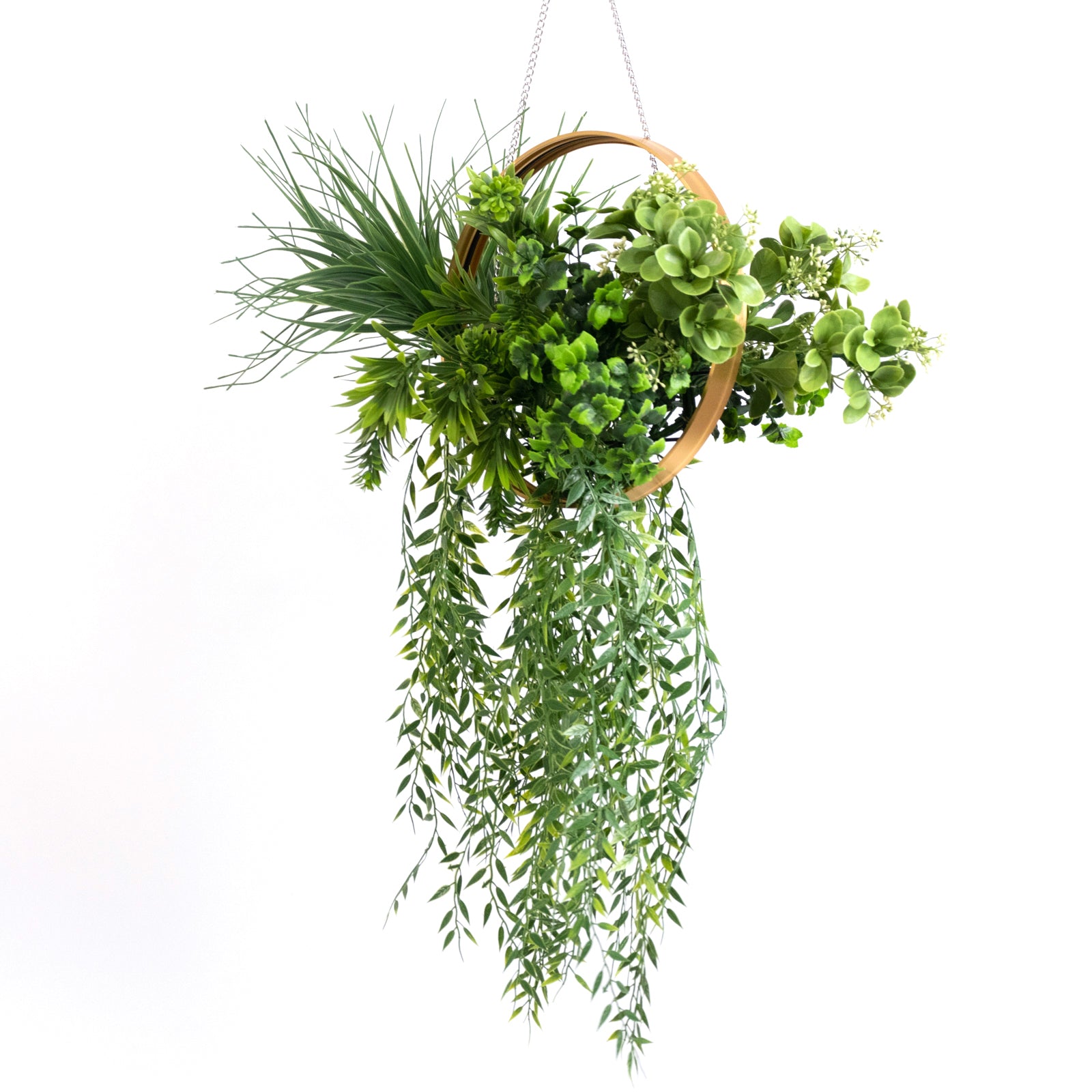 Faux hanging greenery with gold hoop, 38" long, in shades of green.