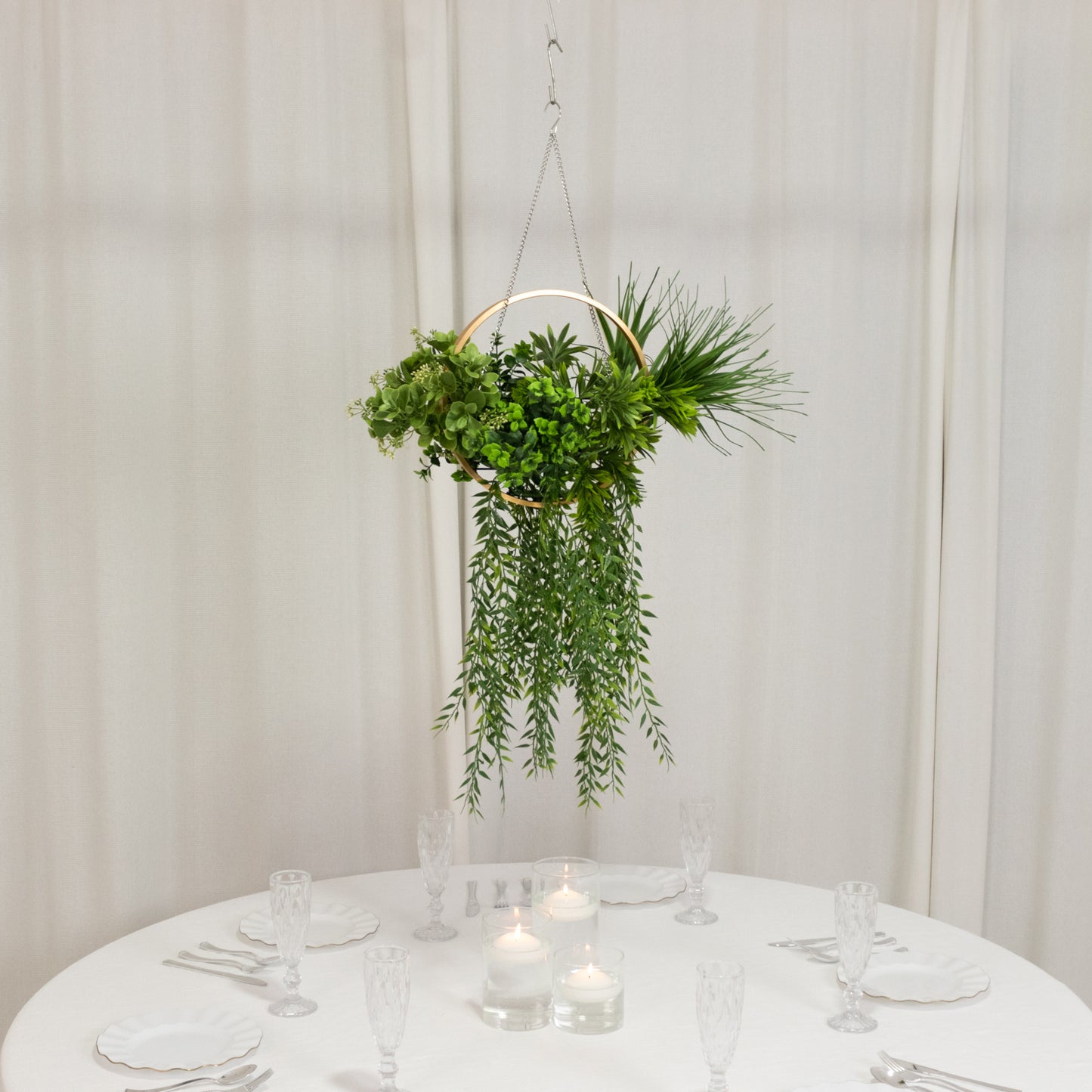 Faux hanging greenery with gold hoop decoration for tablescapes, 38" long.