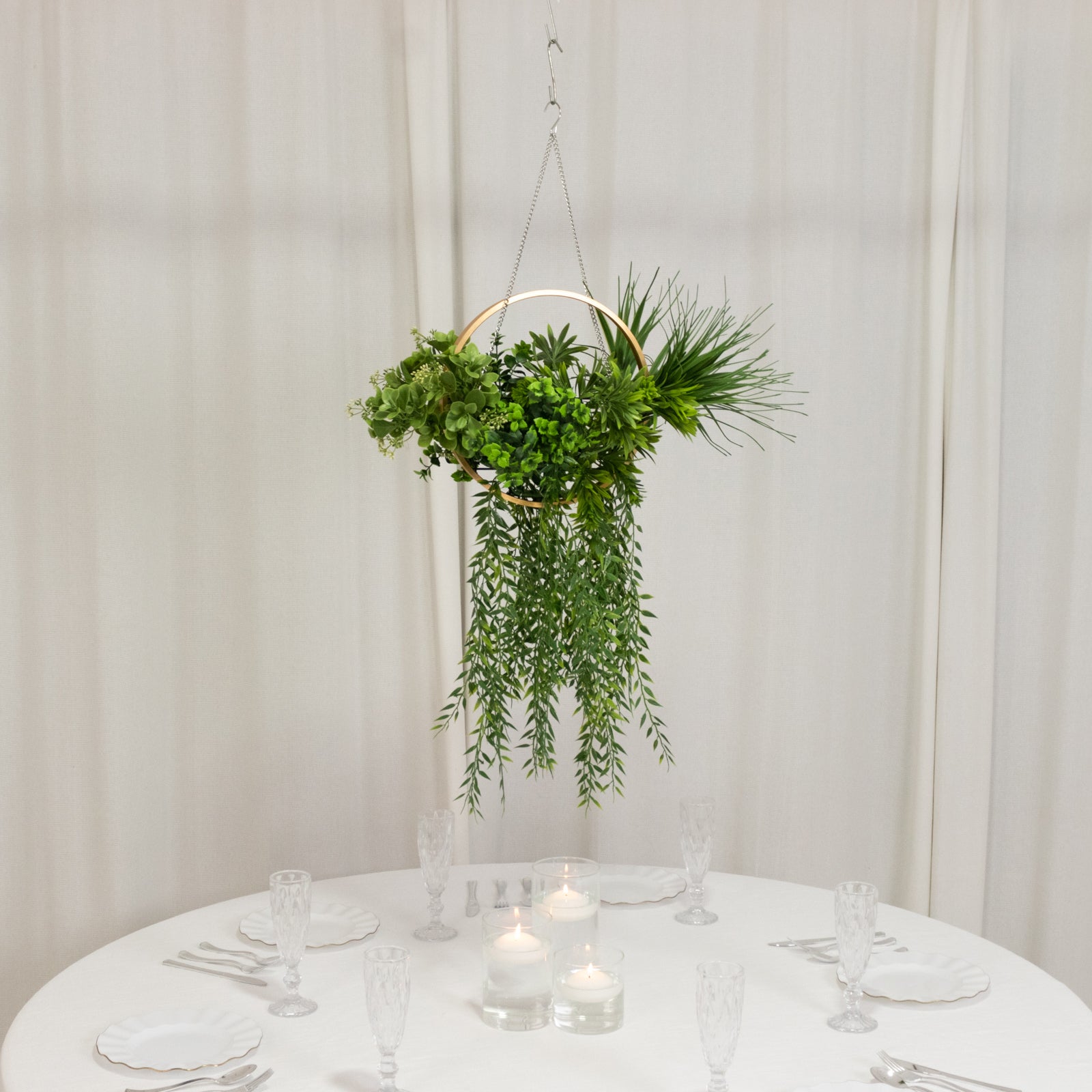 Faux hanging greenery with gold hoop decoration for tablescapes, 38" long.