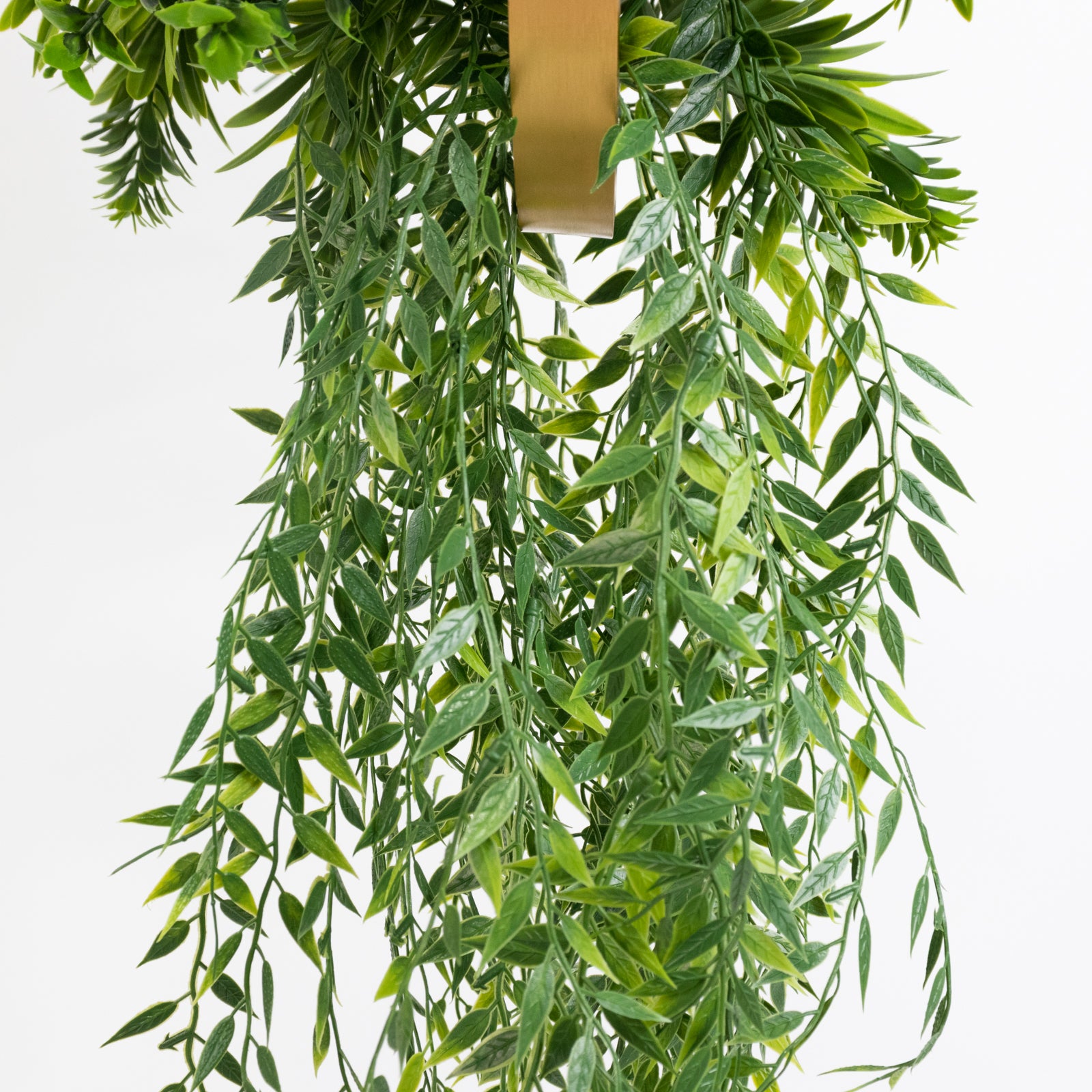 Faux hanging greenery with gold hoop ceiling decoration, 38" long.