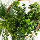 Faux hanging greenery with gold hoop decoration, lush green plants, 38" long.