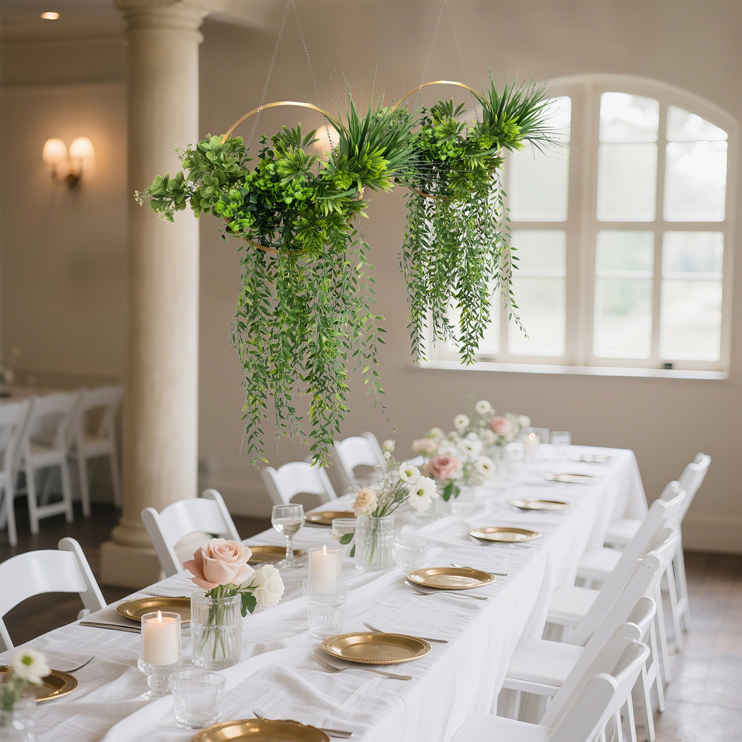 Faux hanging greenery with gold hoop decoration for tablescapes, 38" long.