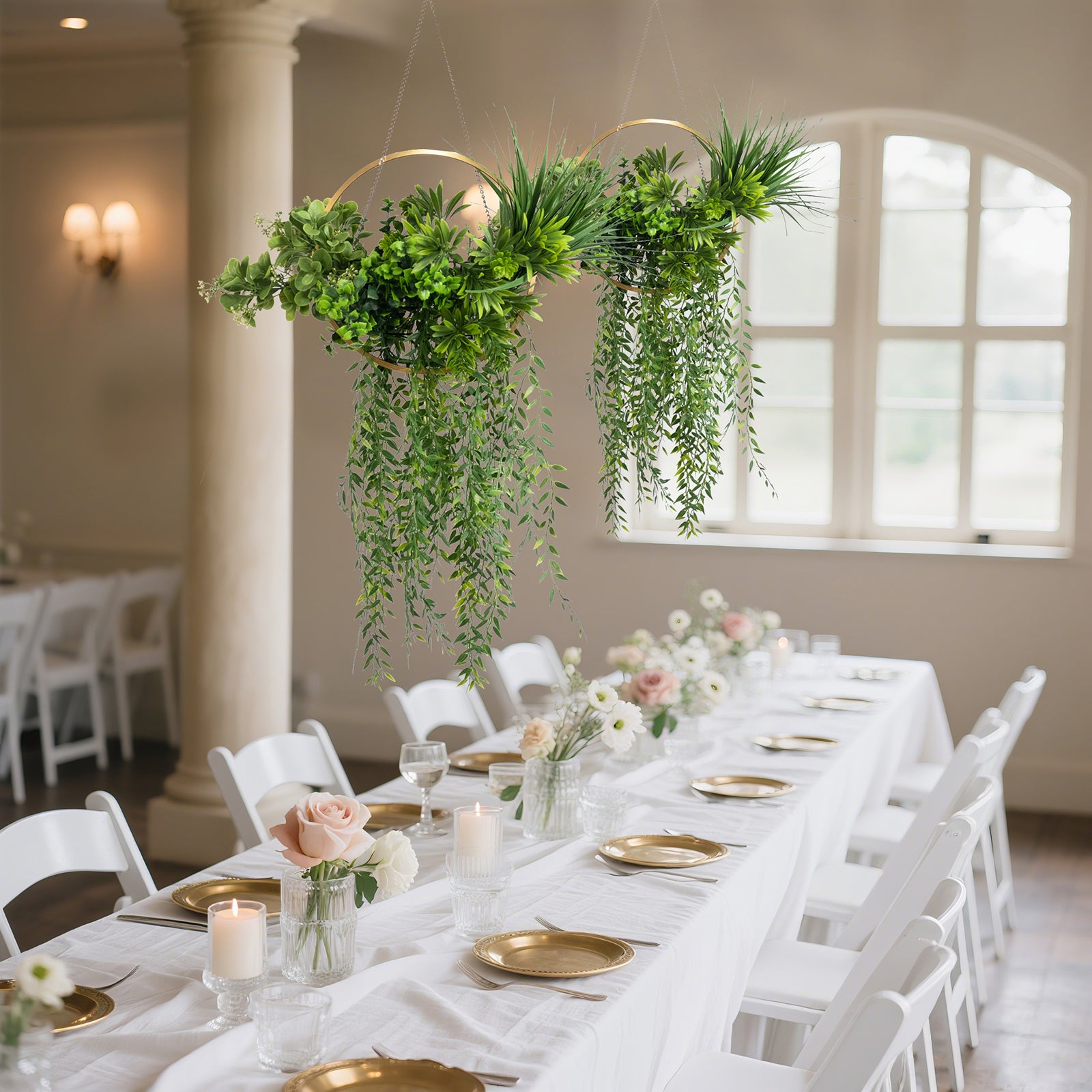 Faux hanging greenery with gold hoop decoration for tablescapes, 38" long.