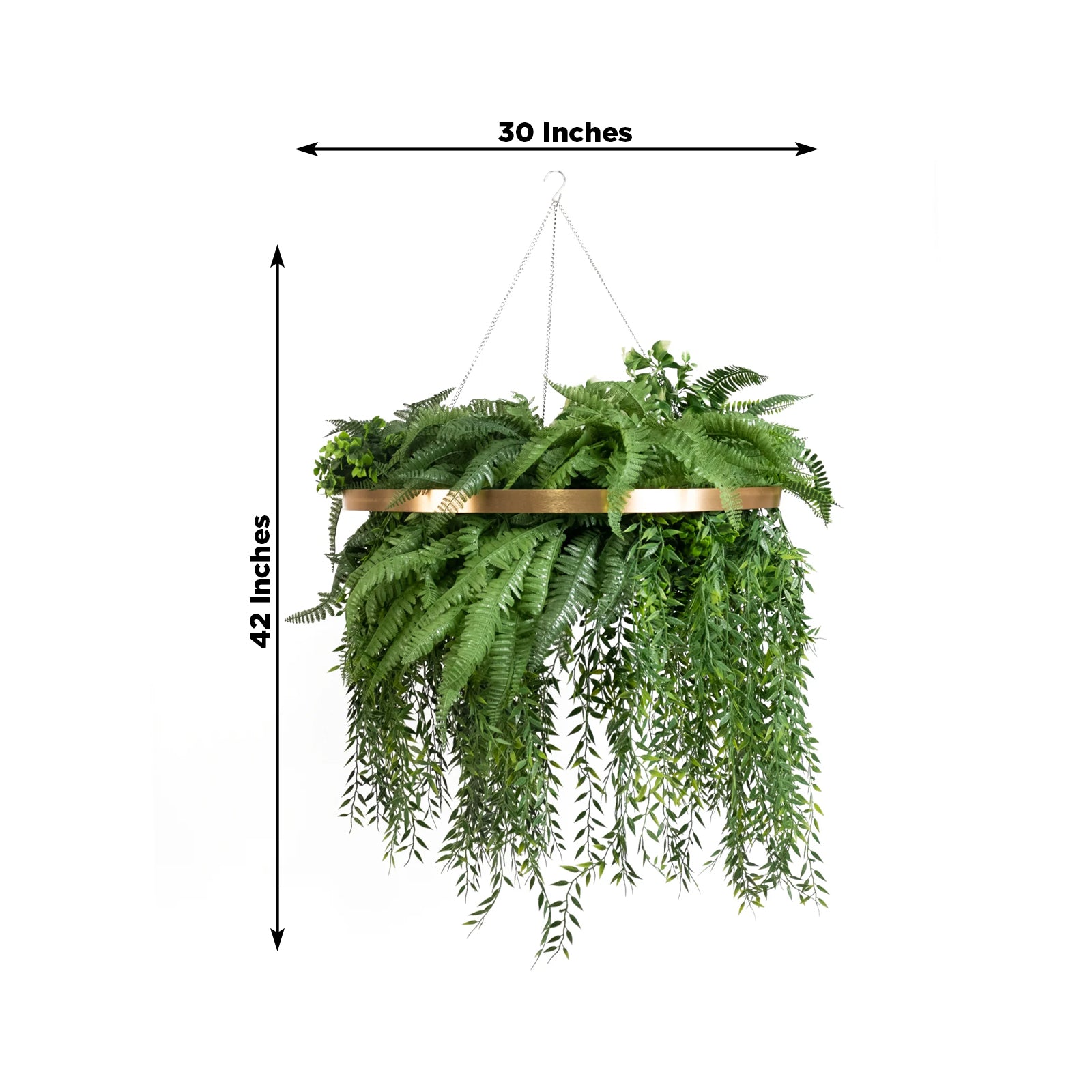 Large faux greenery chandelier with gold ring and draping ferns.