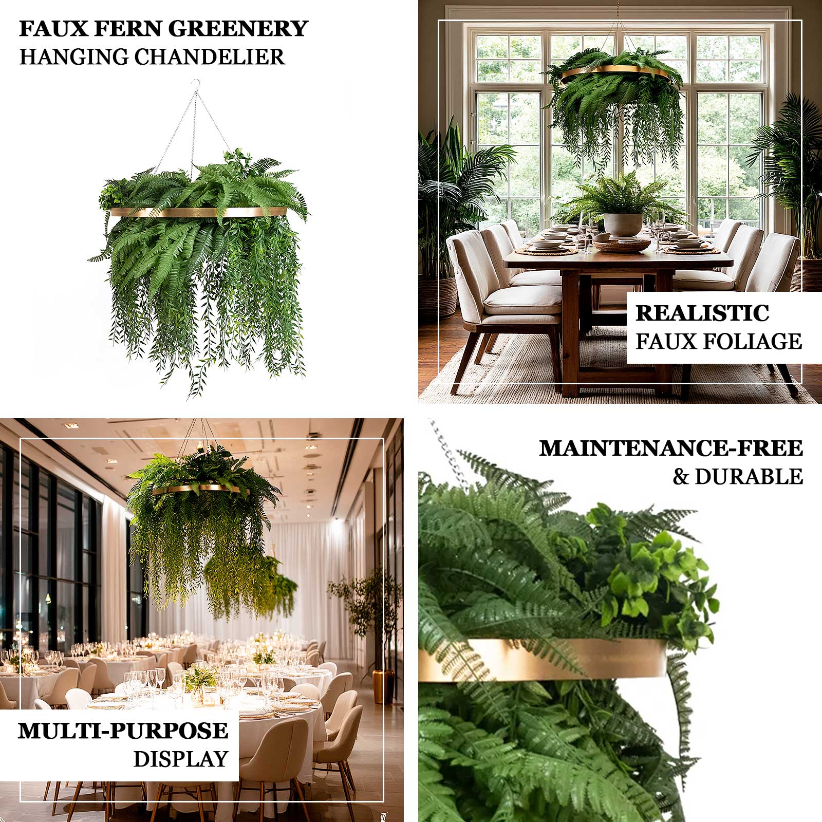 Large faux greenery hoop chandelier with draping ferns in gold for boho decor.