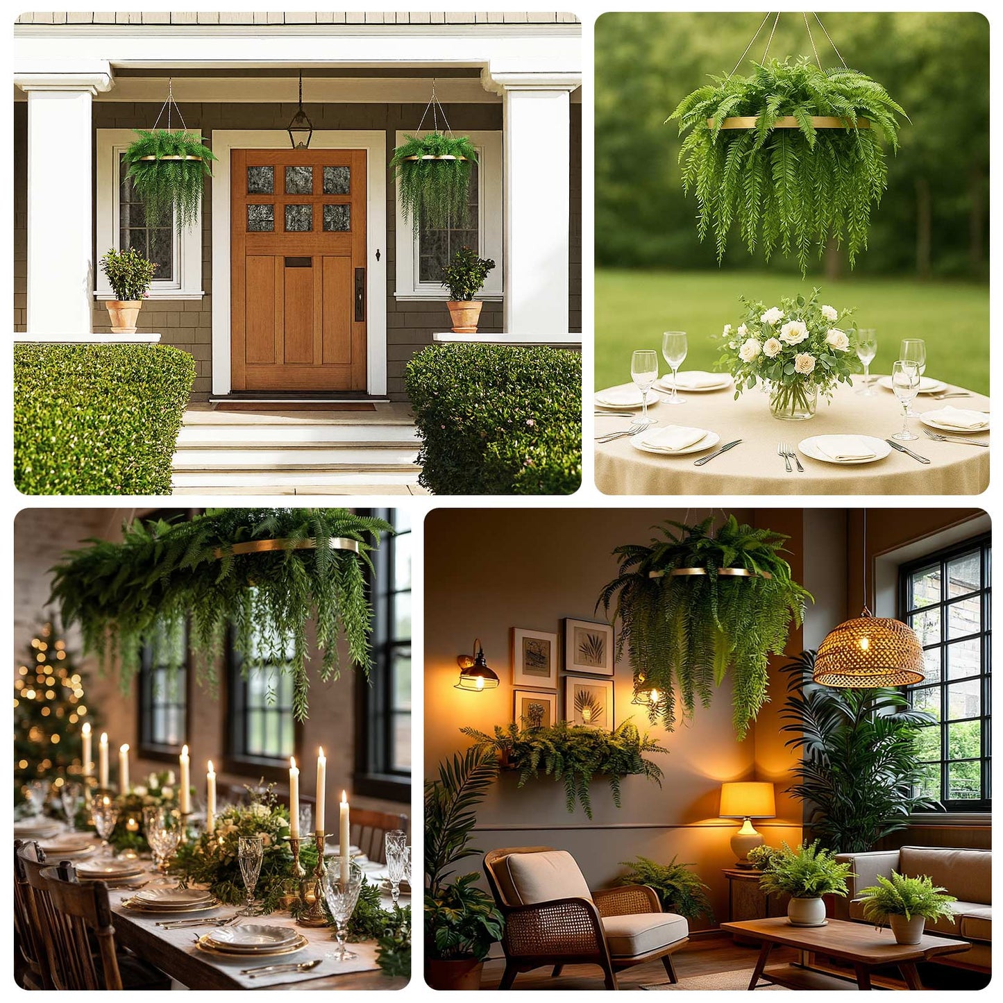 Large green faux greenery hoop chandelier for boho garden-themed decor.
