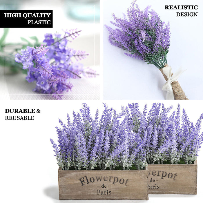Purple artificial lavender lilac flower bouquet in a wooden planter.