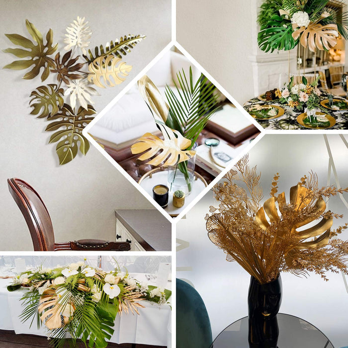 3 Pack | 29" Shiny Golden Artificial Tropical Plant Palm Leaf Stems, Faux Monstera Leaves, Floral Arrangements Table Centerpiece Decor