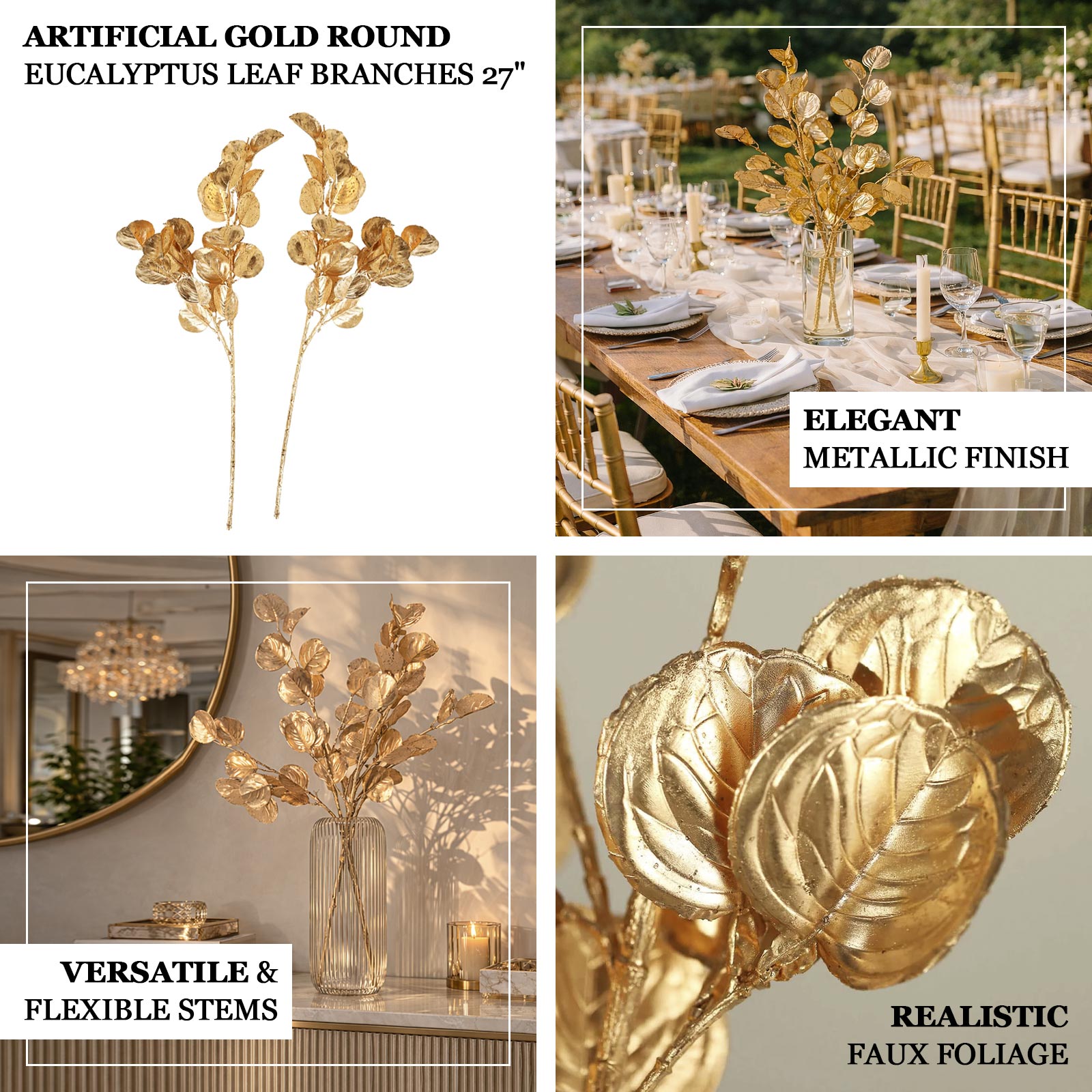 27" Metallic gold artificial eucalyptus leaf branches, faux decorative bouquets.