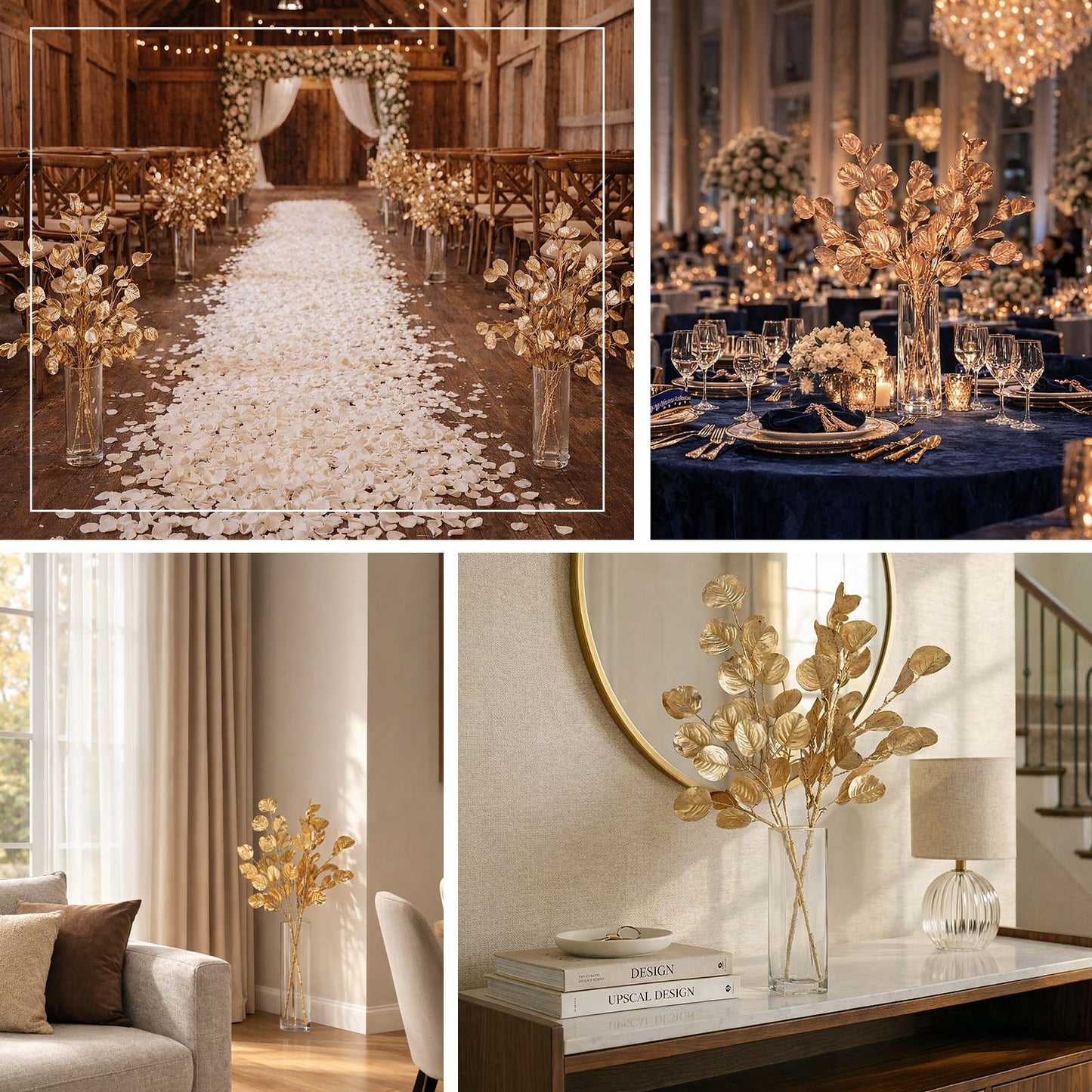 27" Metallic Gold Artificial Eucalyptus Leaf Branches, Faux Decorative Bouquets.