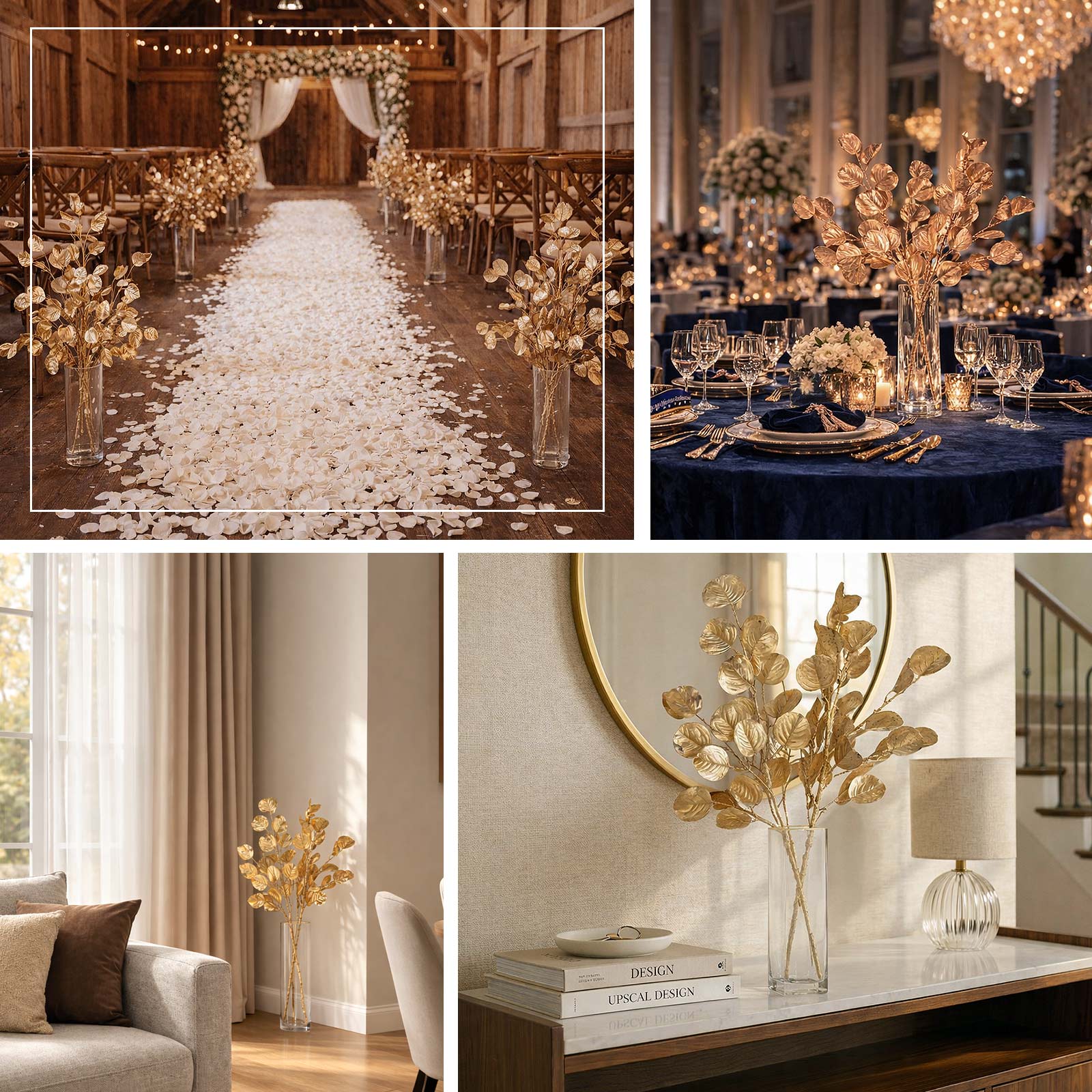 27" Metallic Gold Artificial Eucalyptus Leaf Branches, Faux Decorative Bouquets.