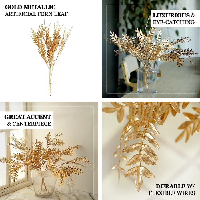 2 Pack | 21" Metallic Gold Artificial Fern Leaf Branches, Faux Decorative Bouquets