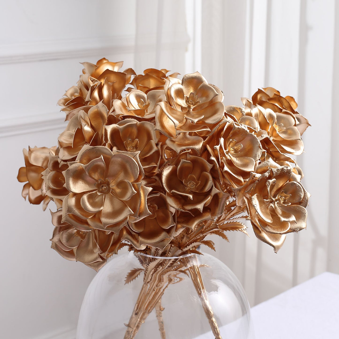 2 Pack | 18" Metallic Gold Faux Rose Bloomed Flower Bouquet, Open Flower Artificial Floral Arrangement Holiday Decor