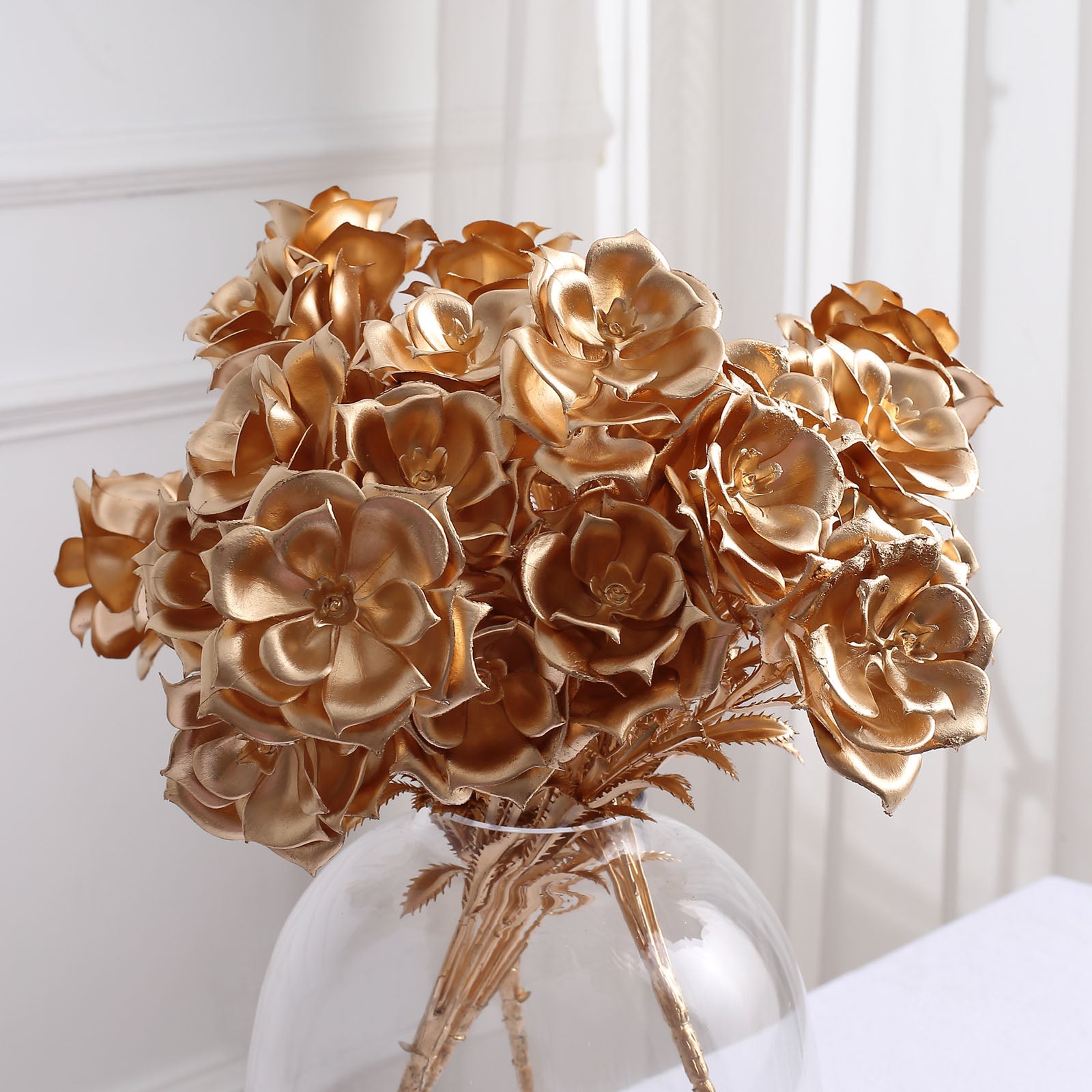 2 Pack | 18" Metallic Gold Faux Rose Bloomed Flower Bouquet, Open Flower Artificial Floral Arrangement Holiday Decor