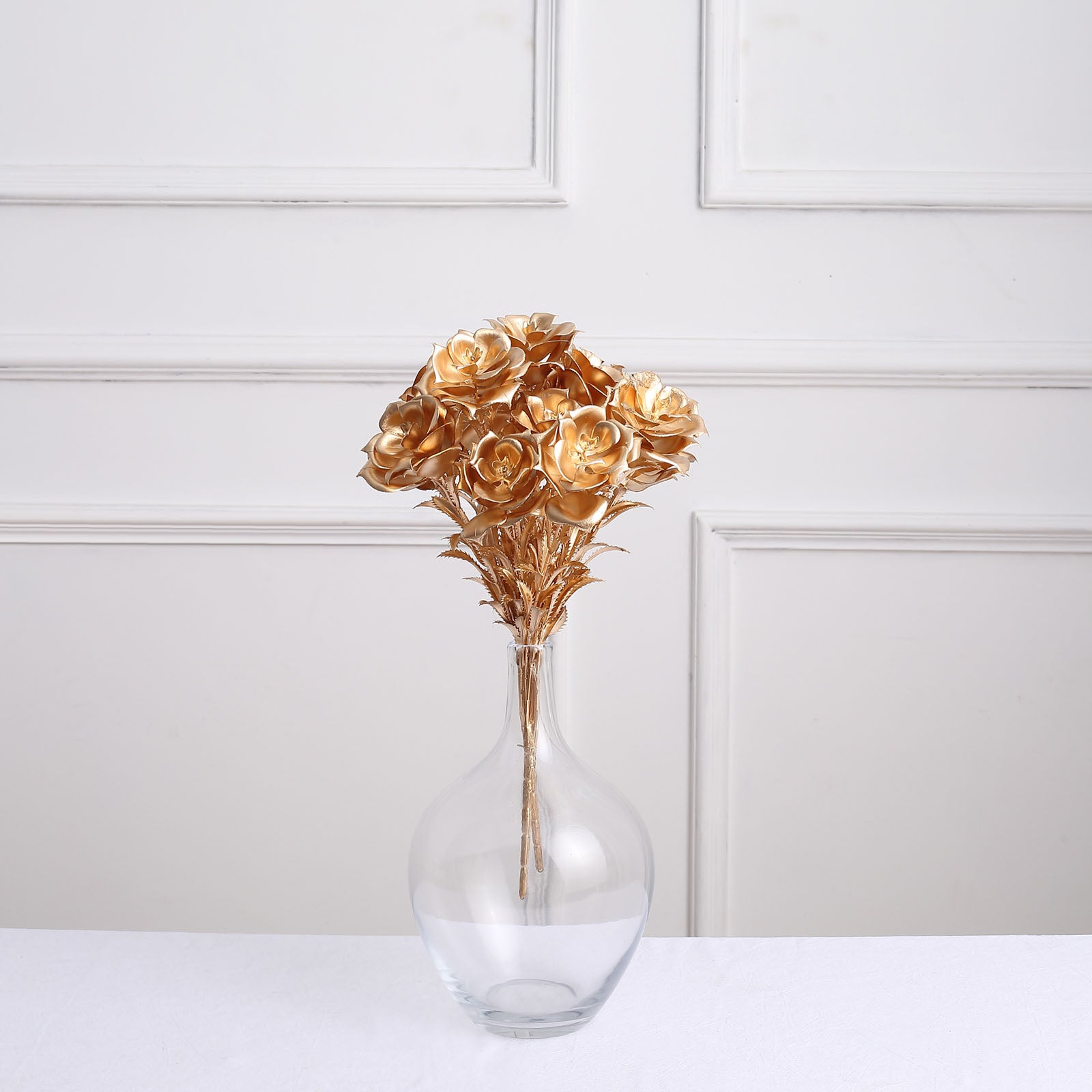 2 Pack | 18" Metallic Gold Faux Rose Bloomed Flower Bouquet, Open Flower Artificial Floral Arrangement Holiday Decor