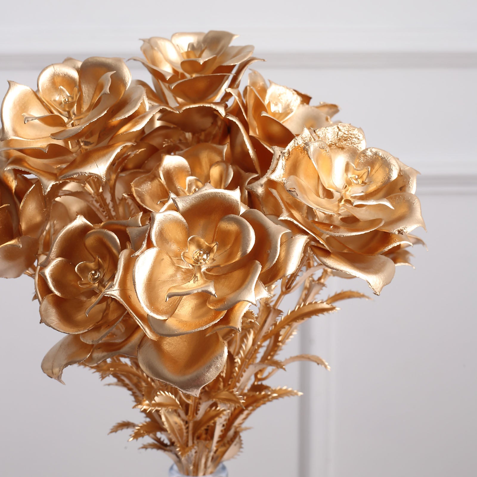 2 Pack | 18" Metallic Gold Faux Rose Bloomed Flower Bouquet, Open Flower Artificial Floral Arrangement Holiday Decor