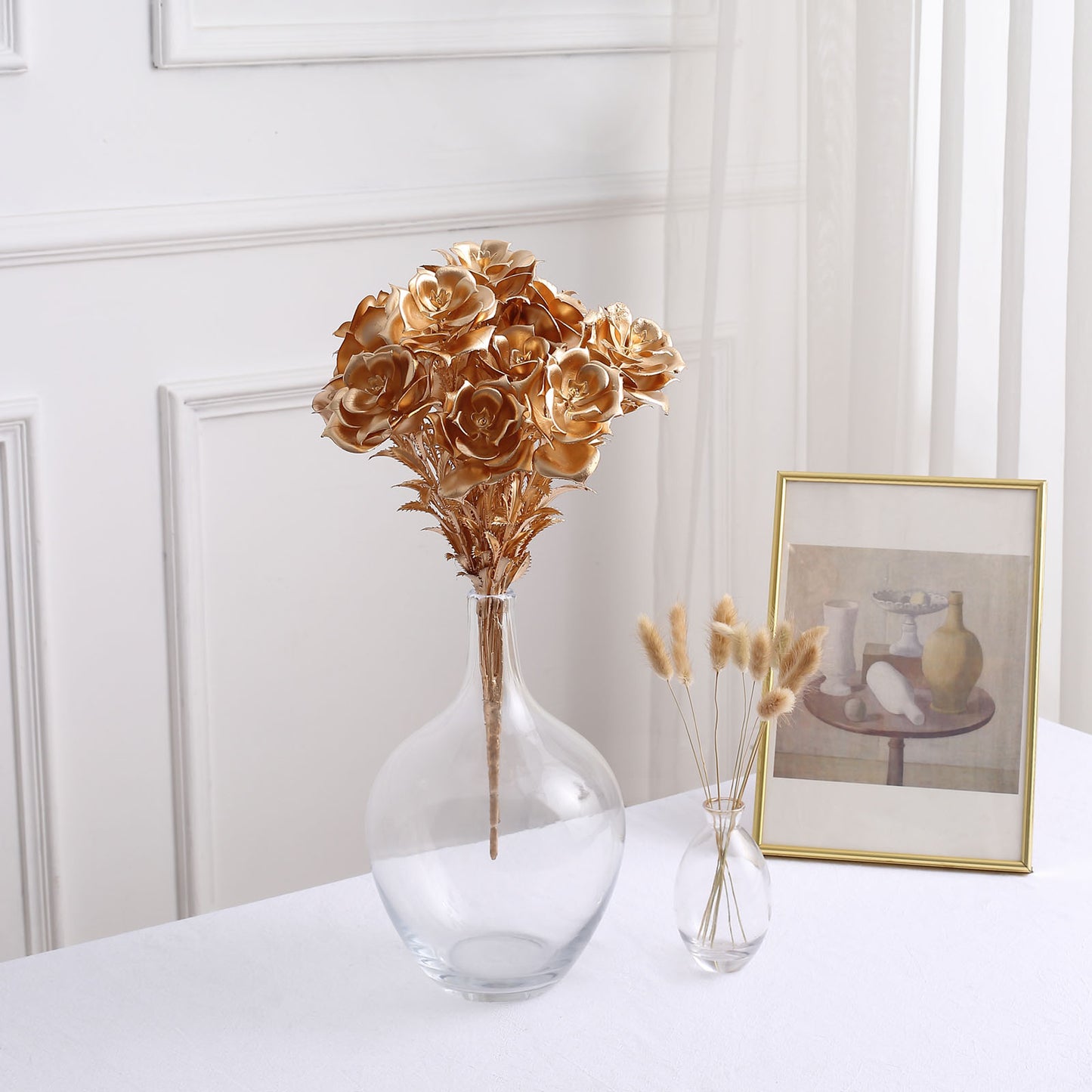 2 Pack | 18" Metallic Gold Faux Rose Bloomed Flower Bouquet, Open Flower Artificial Floral Arrangement Holiday Decor