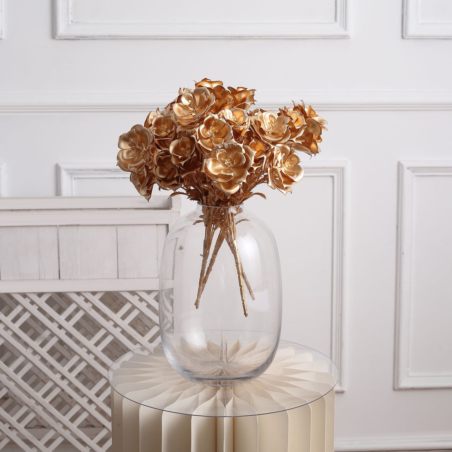 2 Pack | 18" Metallic Gold Faux Rose Bloomed Flower Bouquet, Open Flower Artificial Floral Arrangement Holiday Decor