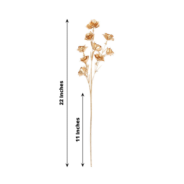 3 Pack Metallic Gold Decorative Faux Rose Flower Branches, Artificial Floral Sprays - 22"