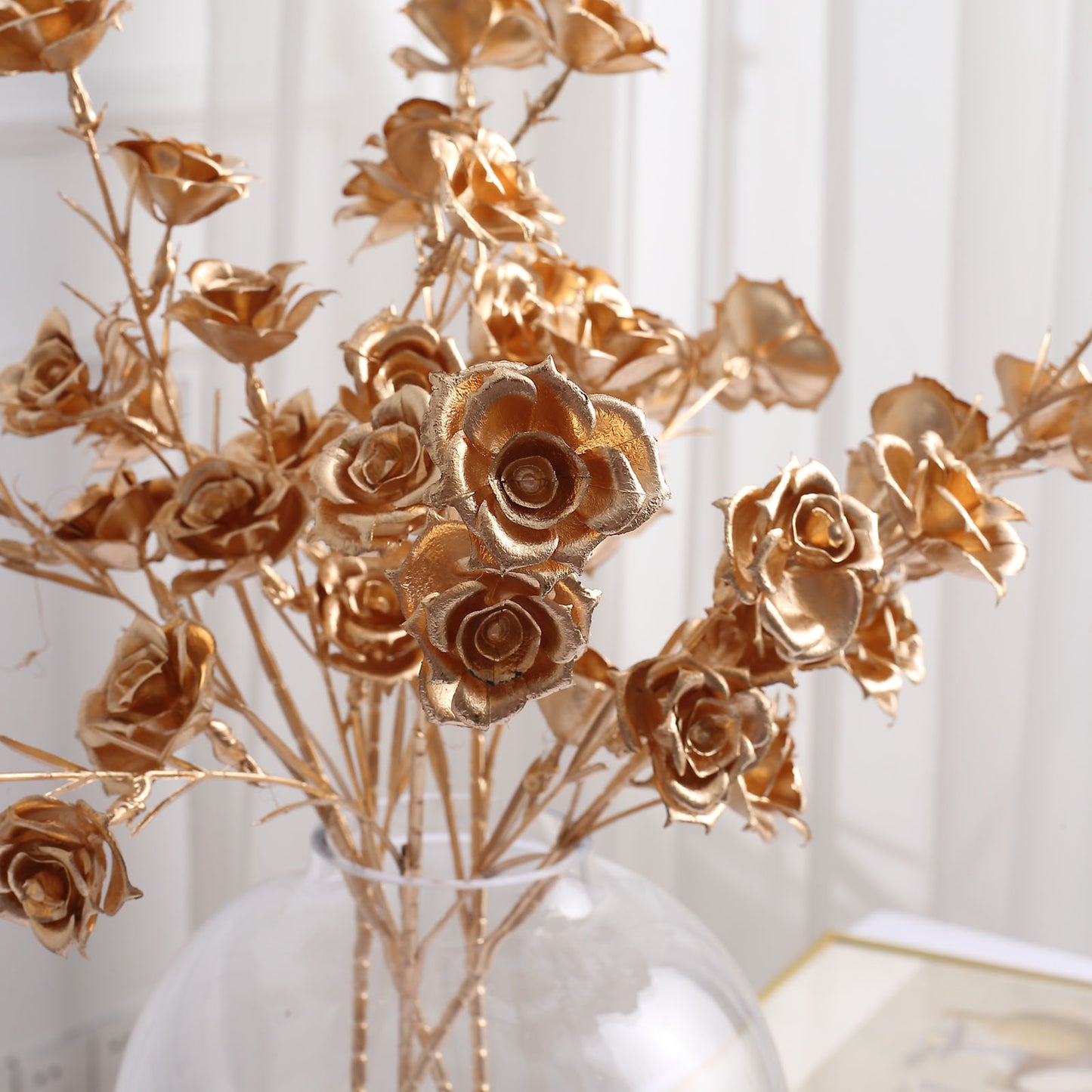 3 Pack Metallic Gold Decorative Faux Rose Flower Branches, Artificial Floral Sprays - 22"