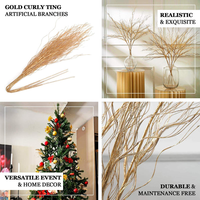 4 Pack | 39" Metallic Gold Artificial Curly Willow Twig Branch Sprays, Bendable Long Stem DIY Craft Vase Fillers