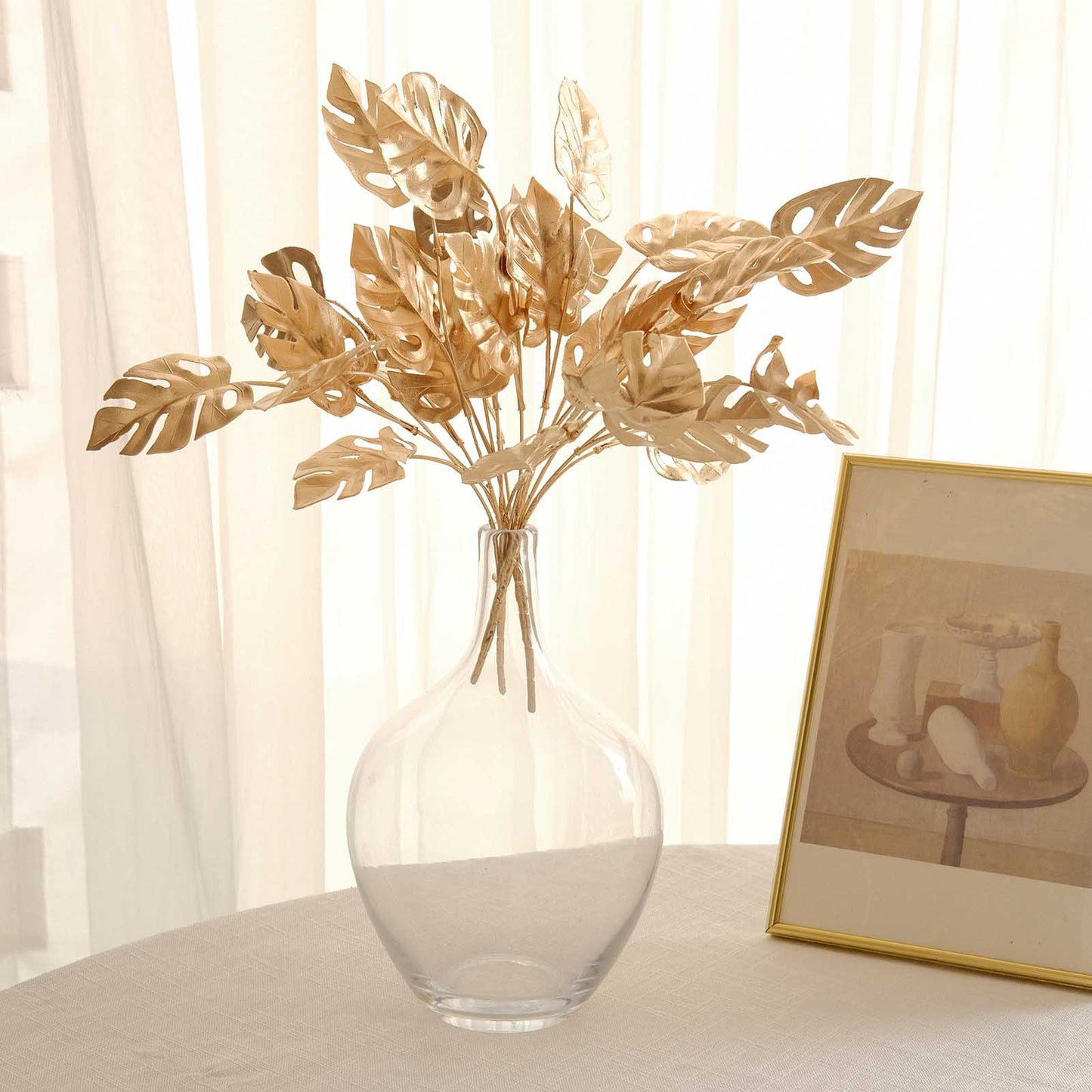 4 Pack Metallic Gold Artificial Monstera Leaves Bunches, 14" Tropical Palm Leaf Bushes Vase Fillers