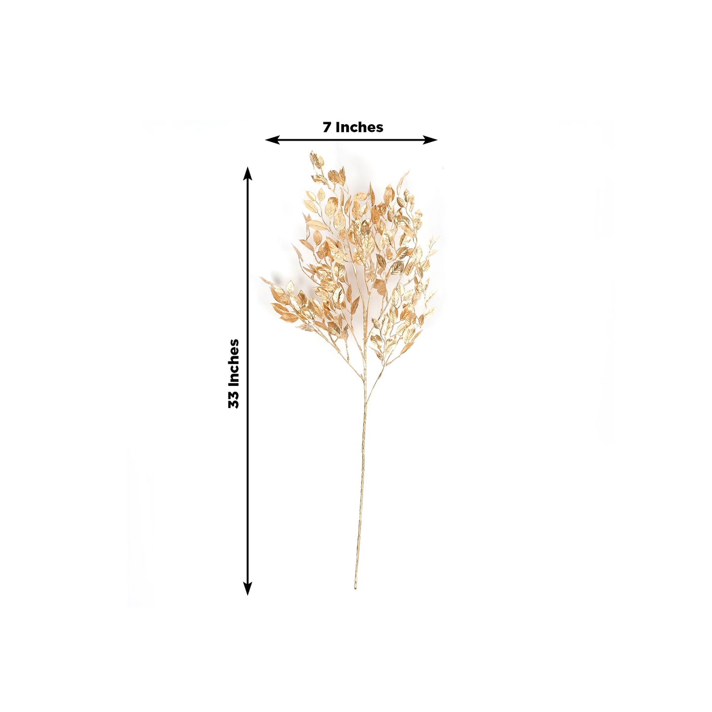 Gold metallic artificial leaf spray for decorative arrangements, 33 inches tall.