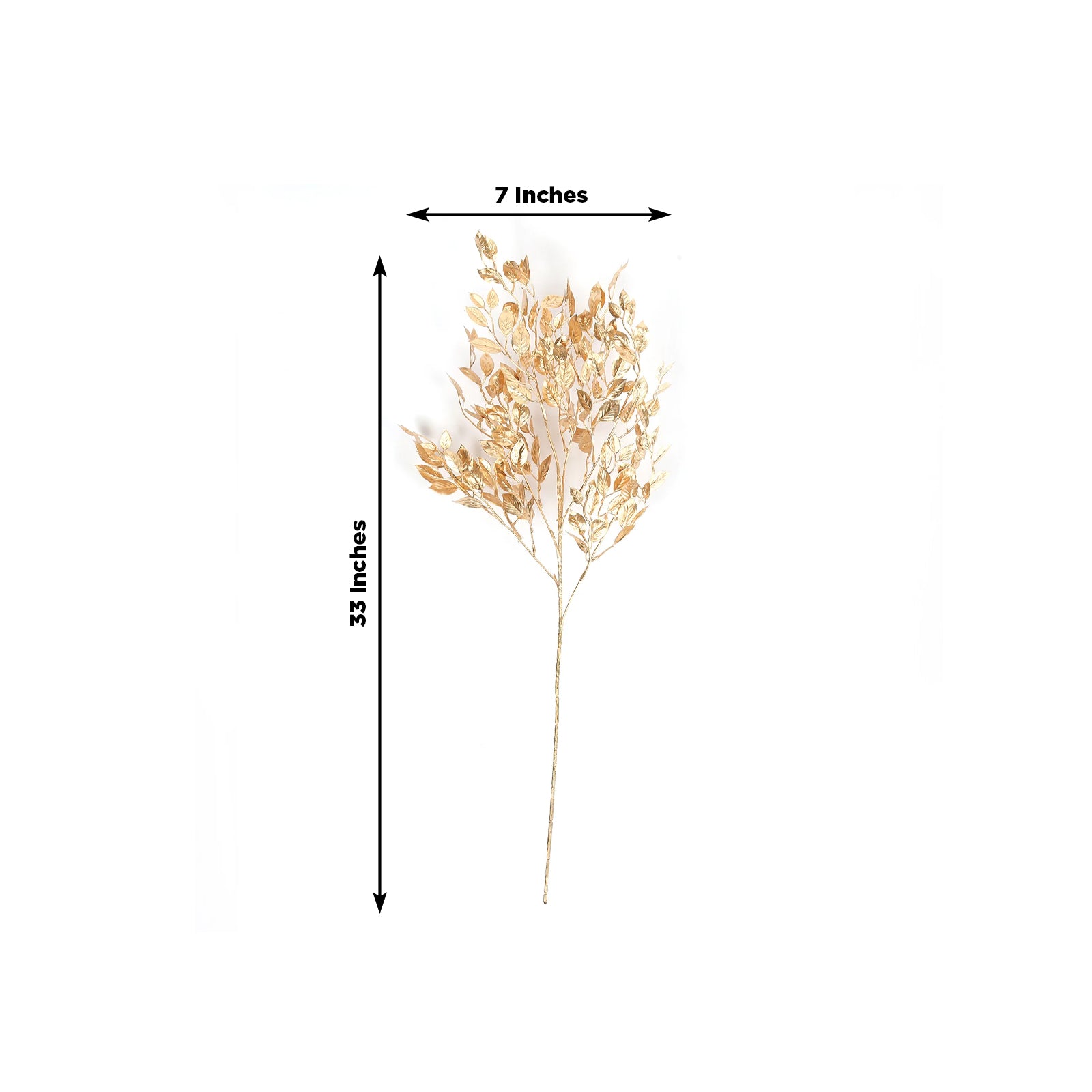 Gold metallic artificial leaf spray for decorative arrangements, 33 inches tall.