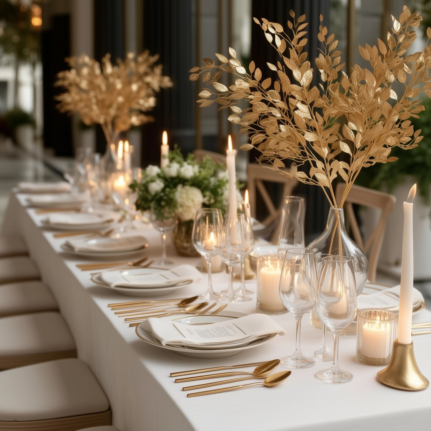 Gold metallic artificial leaf spray arrangement on elegant dining table.